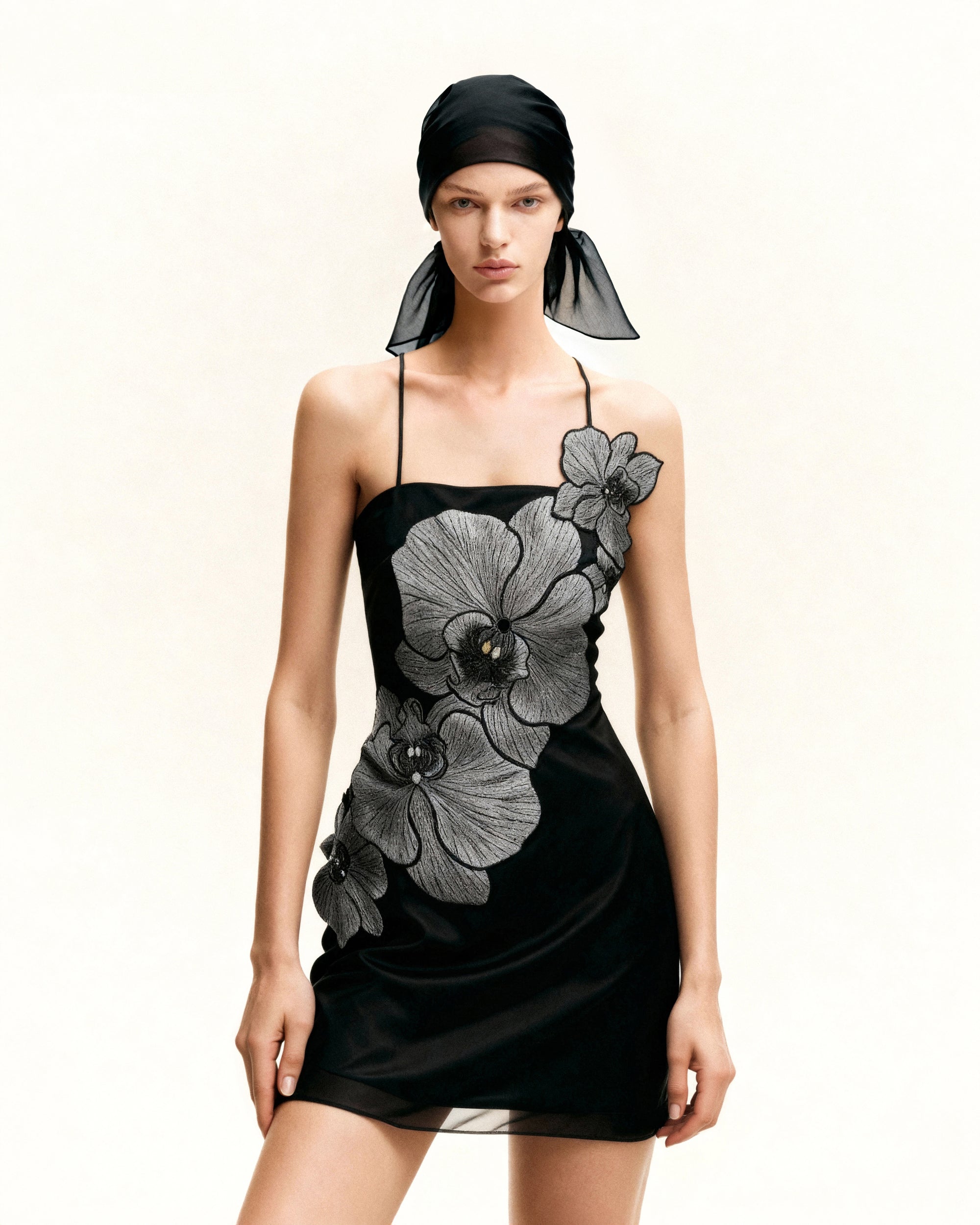 Orchid Appliqu Mini Dress - Black/Silver 6 | UK Orchid Appliqu Mini Dress - Black/Silver 6 | UK
