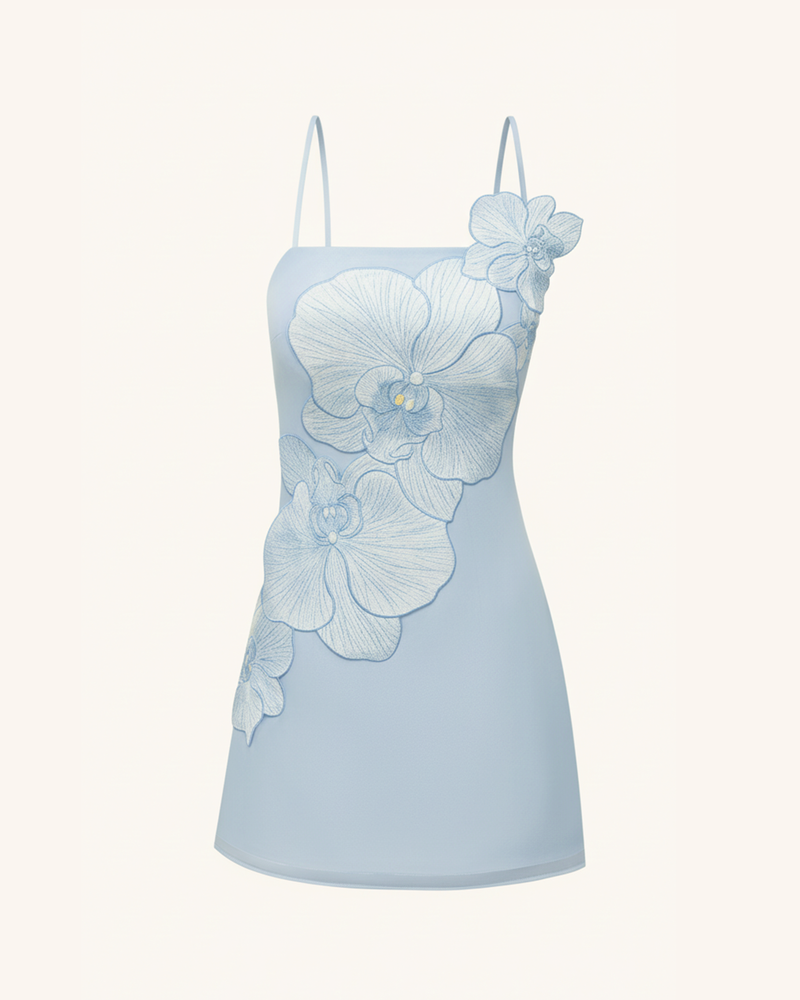 Orchid Appliqué Mini Dress - Blue