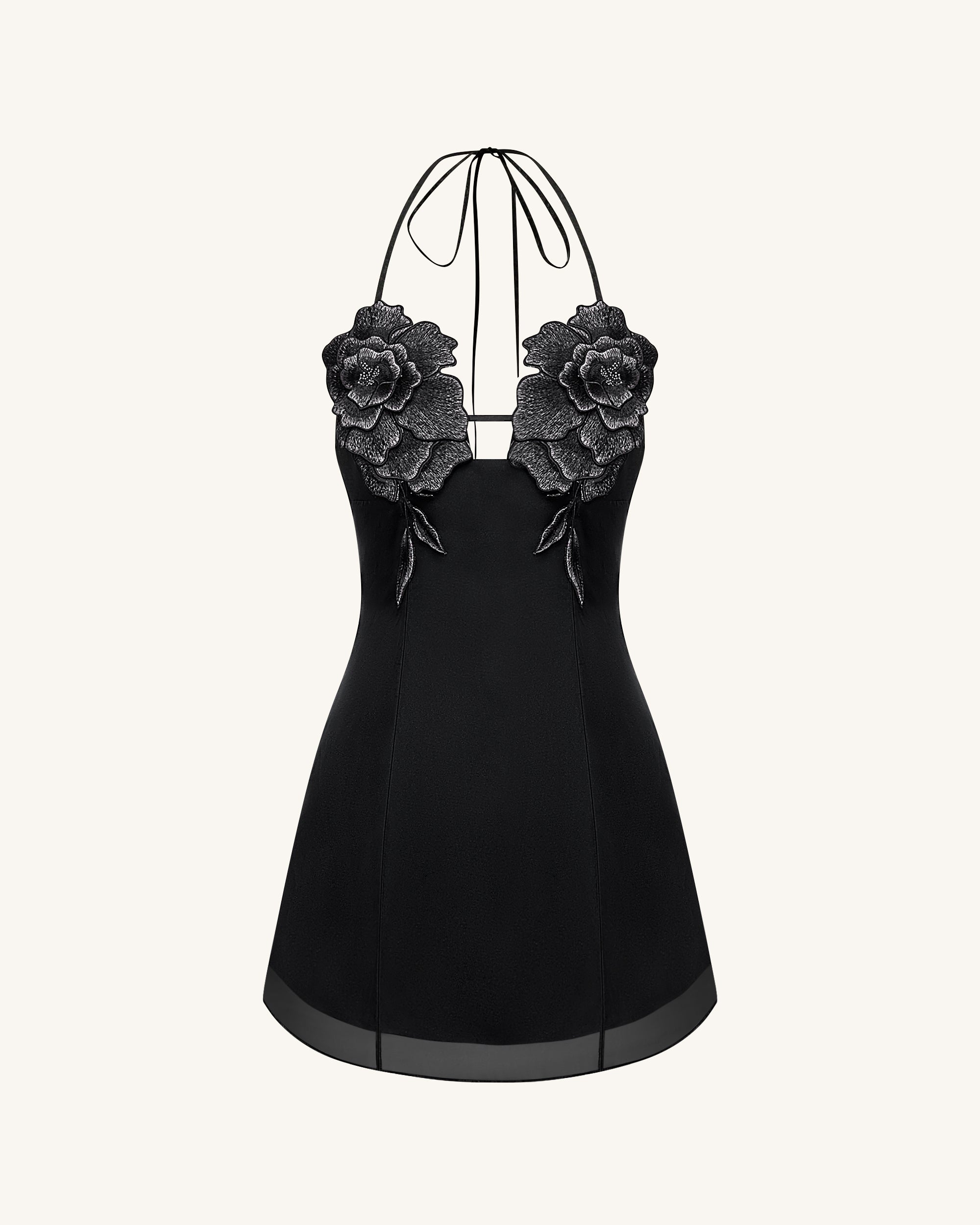 Flower Embroidered Mini Dress - Black