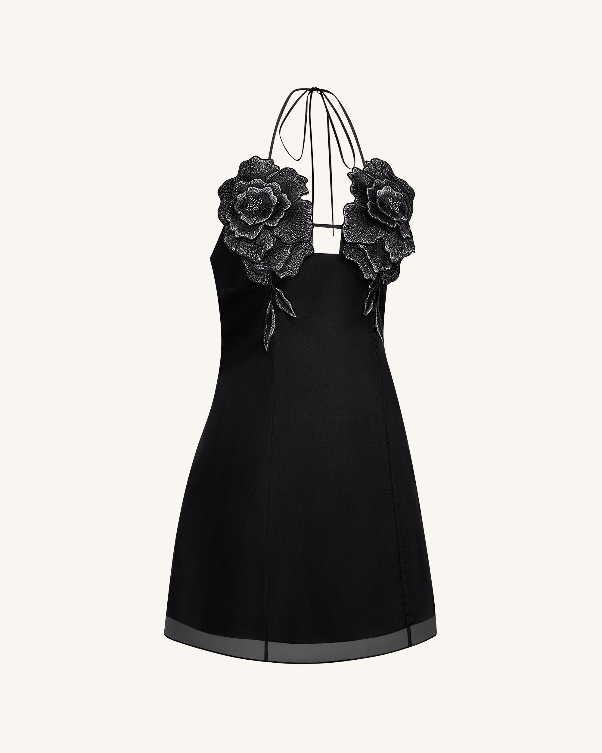 Flower Embroidered Mini Dress - Black Flower Embroidered Mini Dress - Black