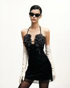 Flower Embroidered Mini Dress - Black