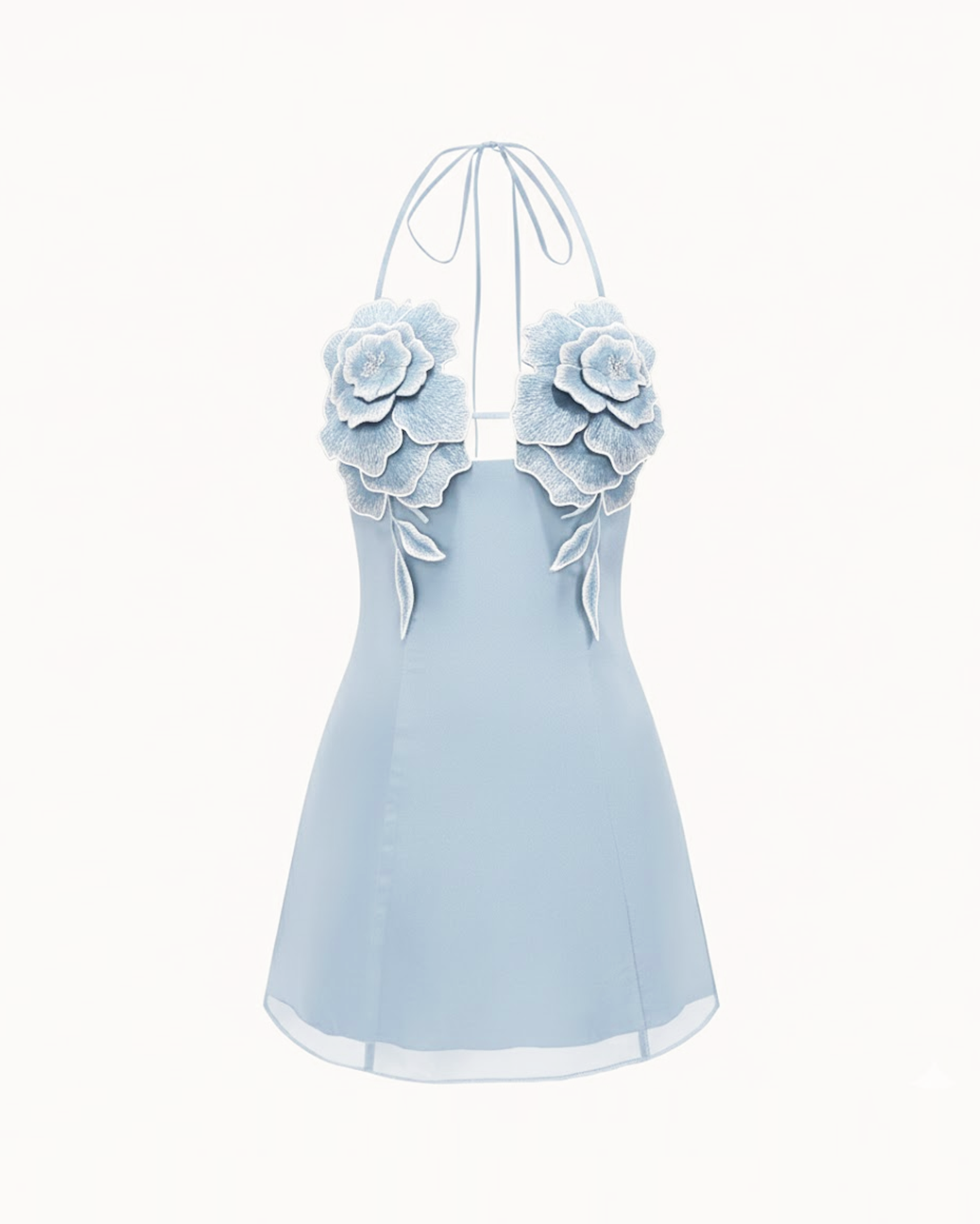 Flower Embroidered Mini Dress - Blue