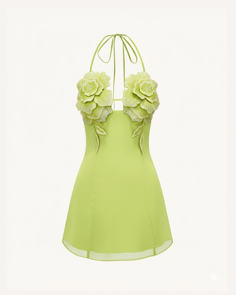 Flower Embroidered Mini Dress - Green