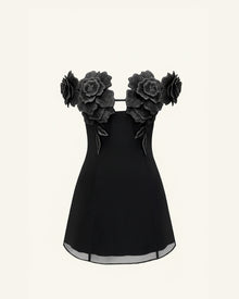 3D Floral Off-Shoulder Mini Dress - Black
