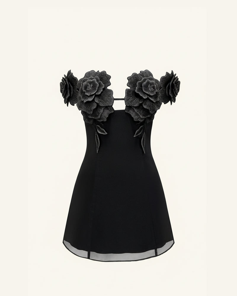 3D Floral Off-Shoulder Mini Dress - Black