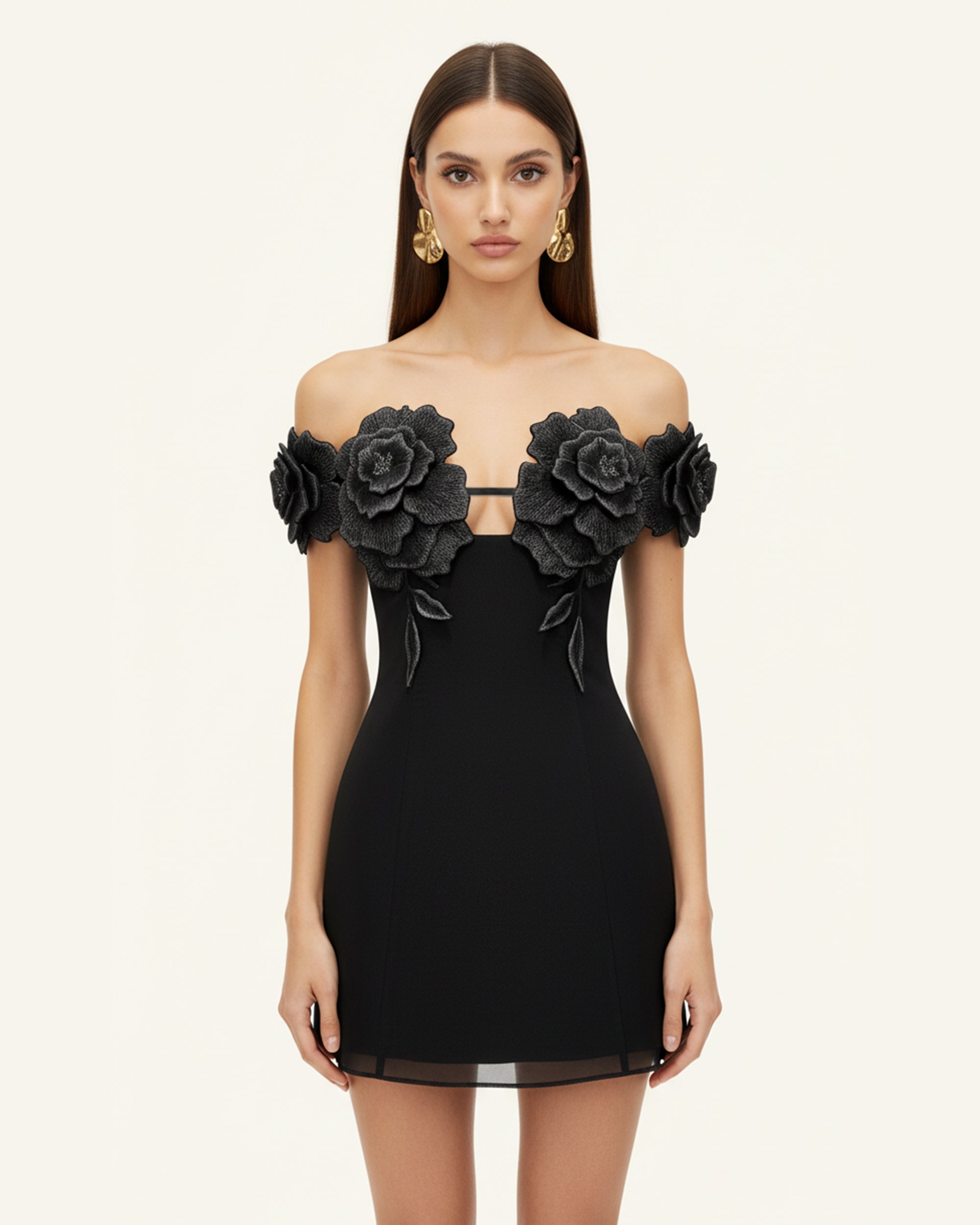 3D Floral Off-Shoulder Mini Dress - Black