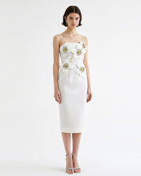 Mini Dress with Pink Floral Appliqués - White/Pink