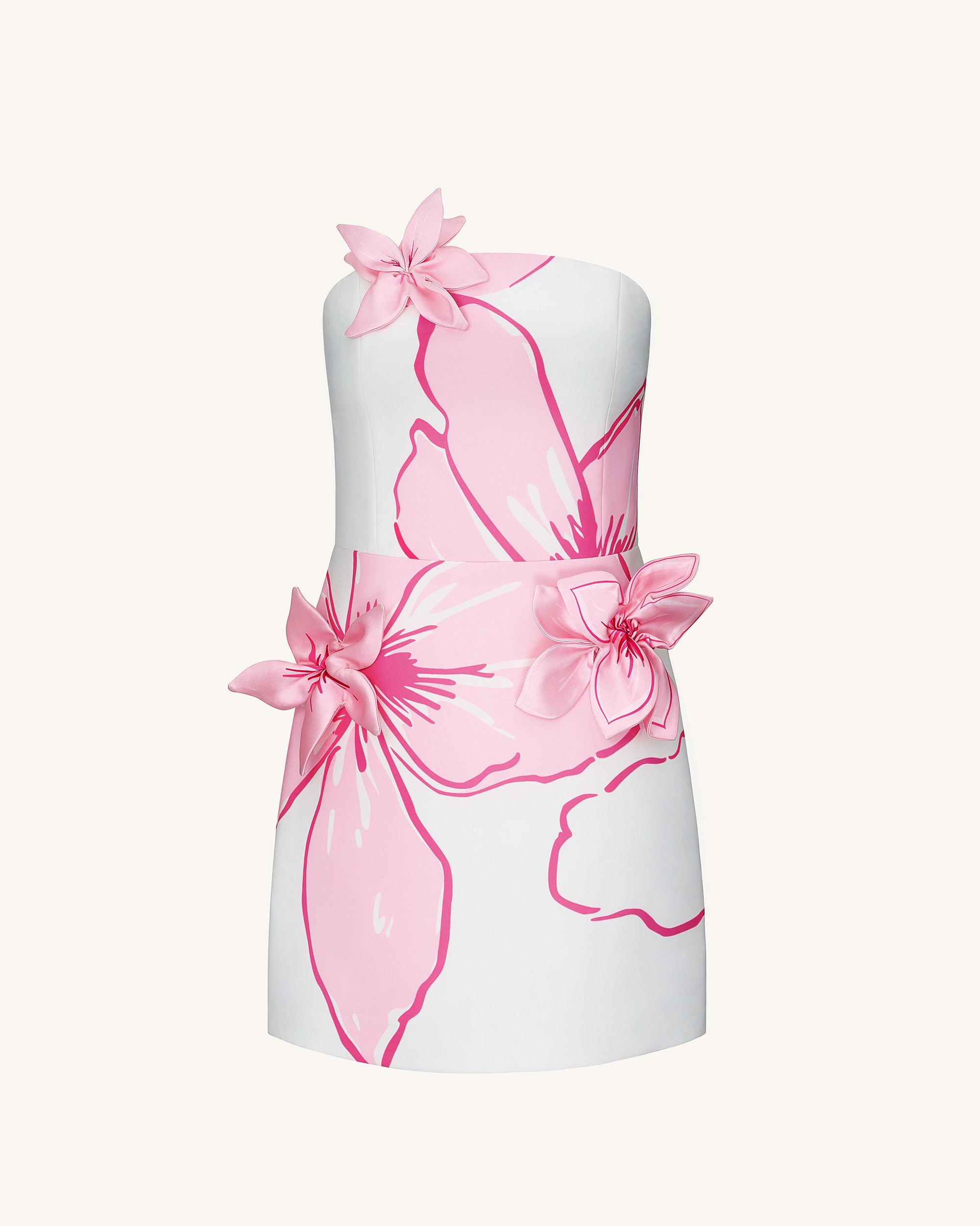 Mini Dress with Pink Floral Appliqués - White/Pink