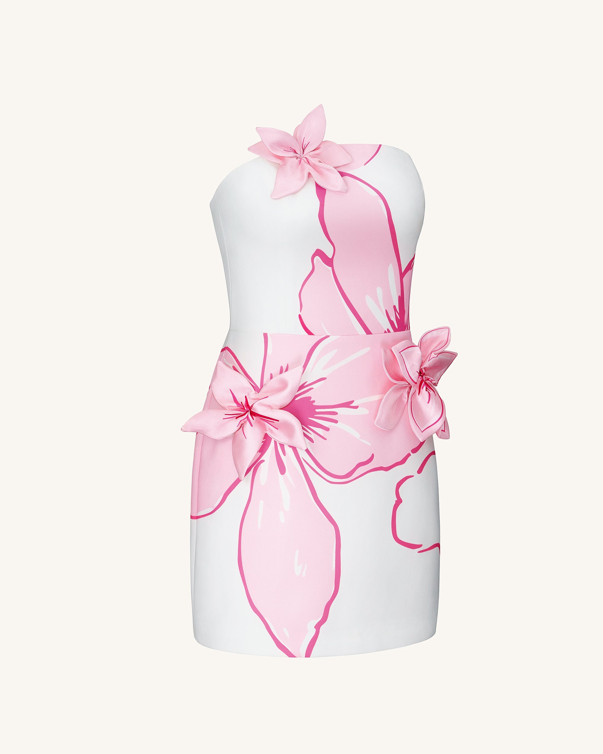 Mini Dress with Pink Floral Appliqus - White/Pink 2 | US Mini Dress with Pink Floral Appliqus - White/Pink 2 | US