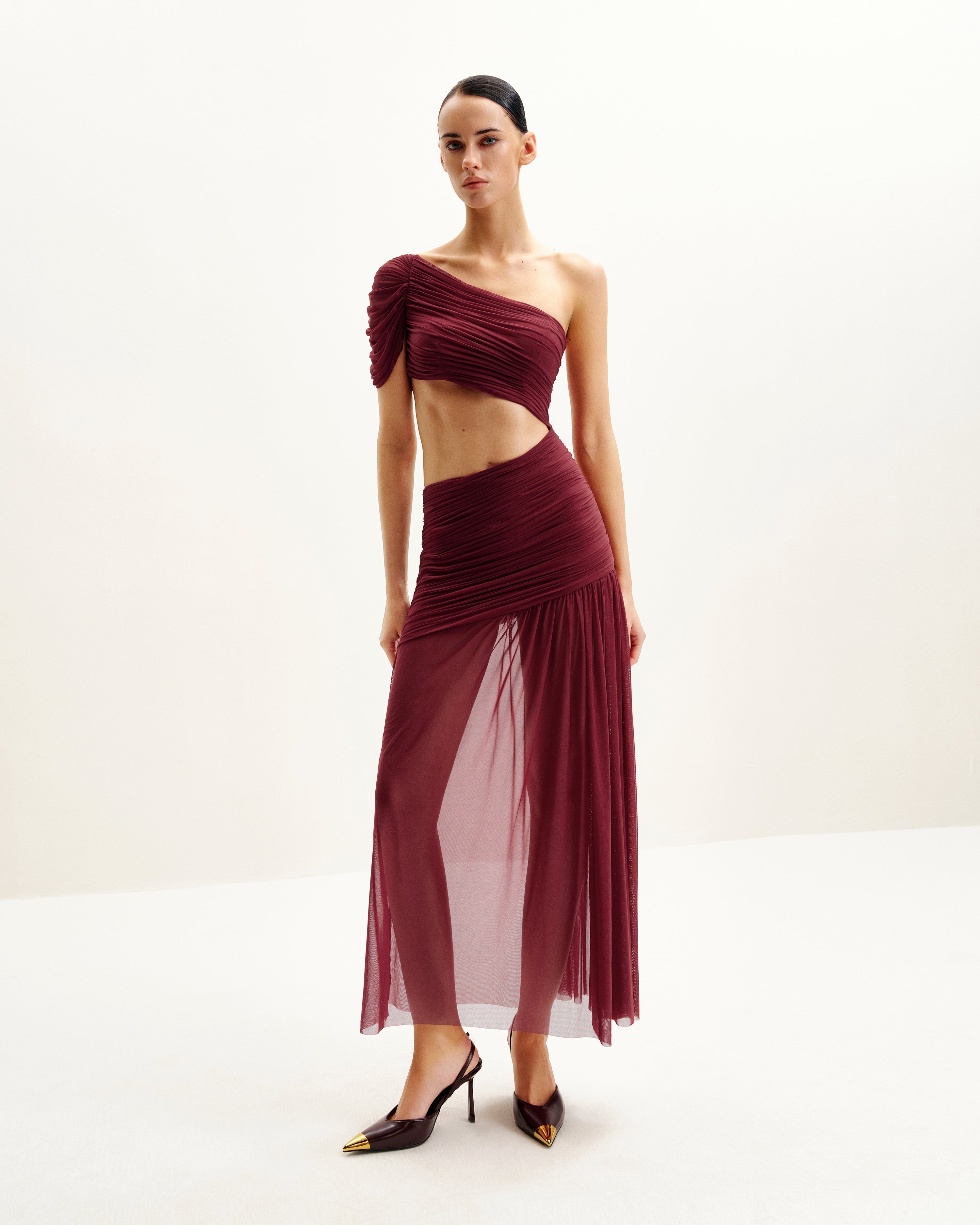Mia Pleated Mesh Dress - Burgundy | JW PEI