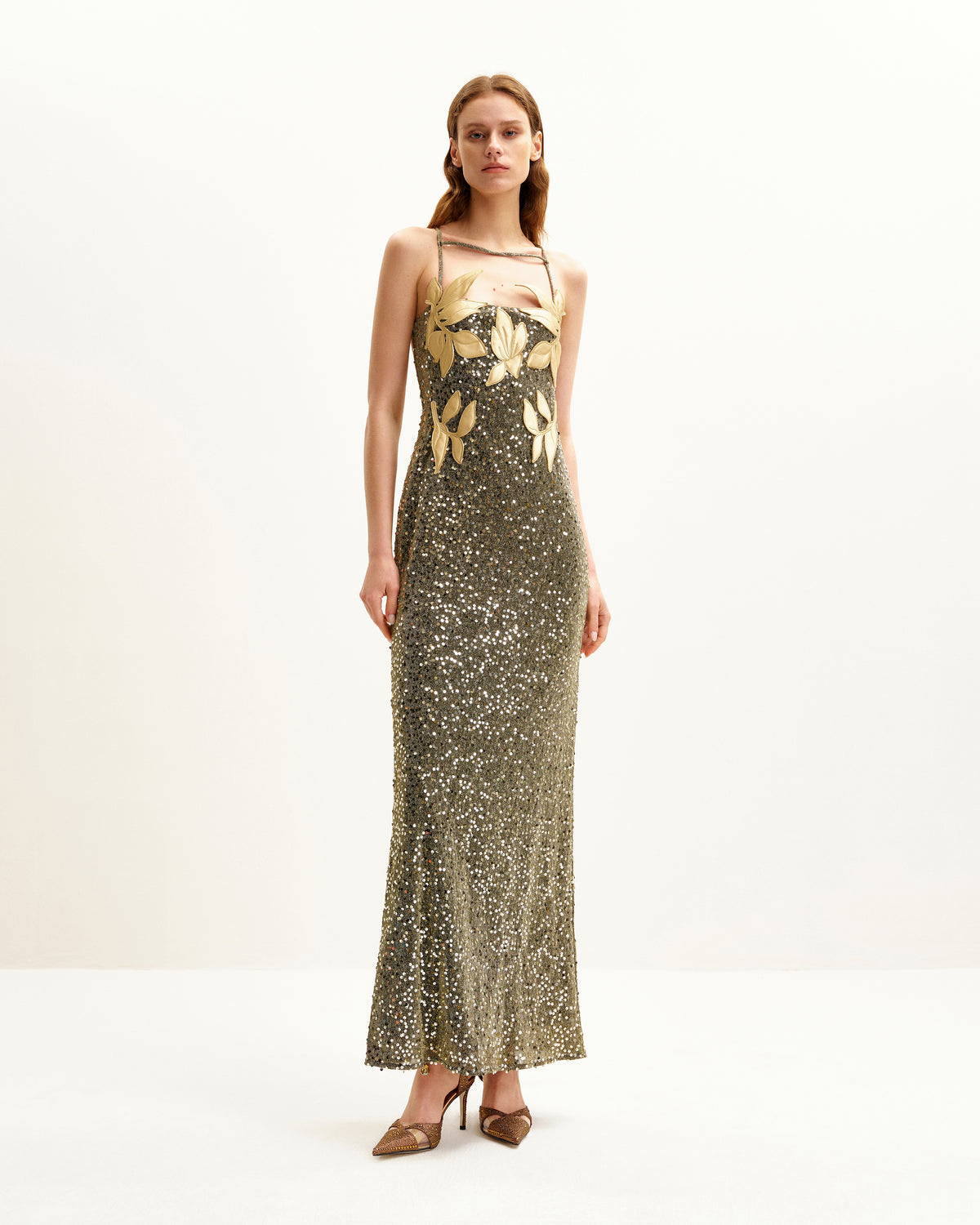 JW PEI: Araminta Sequined Gown with Floral Details Gold