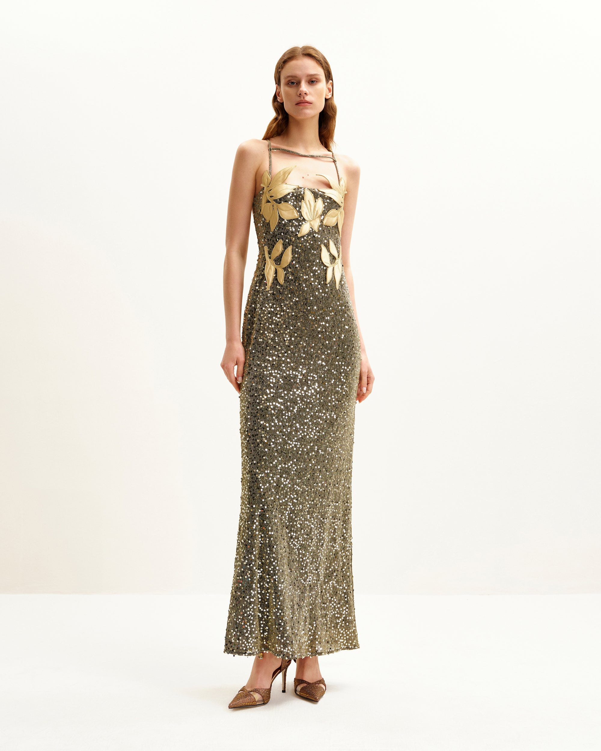 Araminta Sequined Gown with Floral Details - Gold | JW PEI Araminta Sequined Gown with Floral Details - Gold | JW PEI