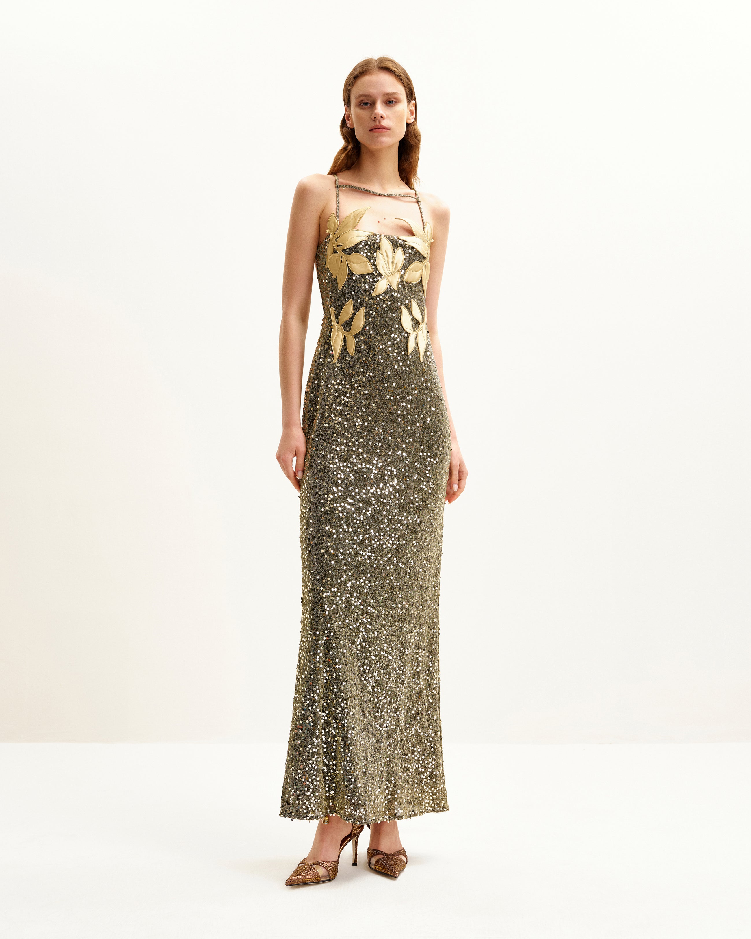 Araminta Sequined Gown with Floral Details - Gold | JW PEI Araminta Sequined Gown with Floral Details - Gold | JW PEI