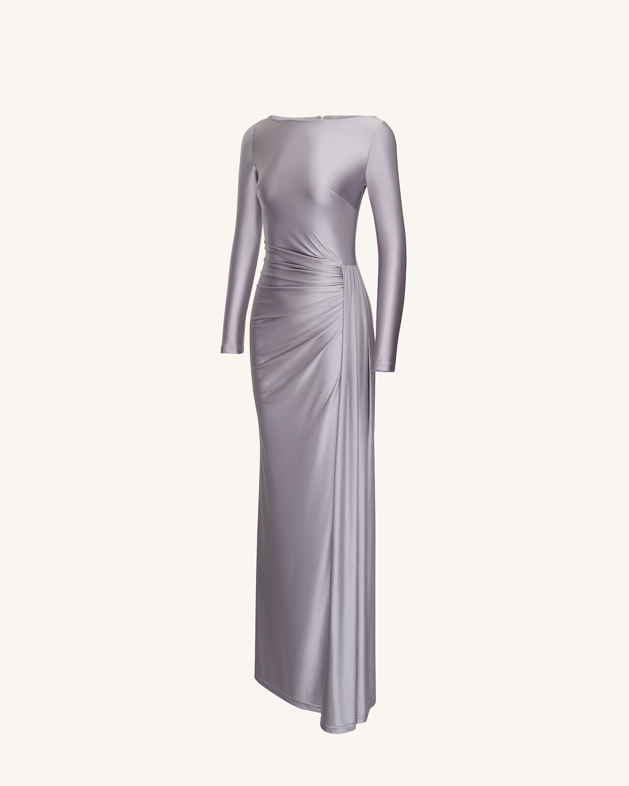 silver ruched dress Ruched & Ready Shine removable shoulder pad detail high neck long sleeve textured metallic mini dress in silver