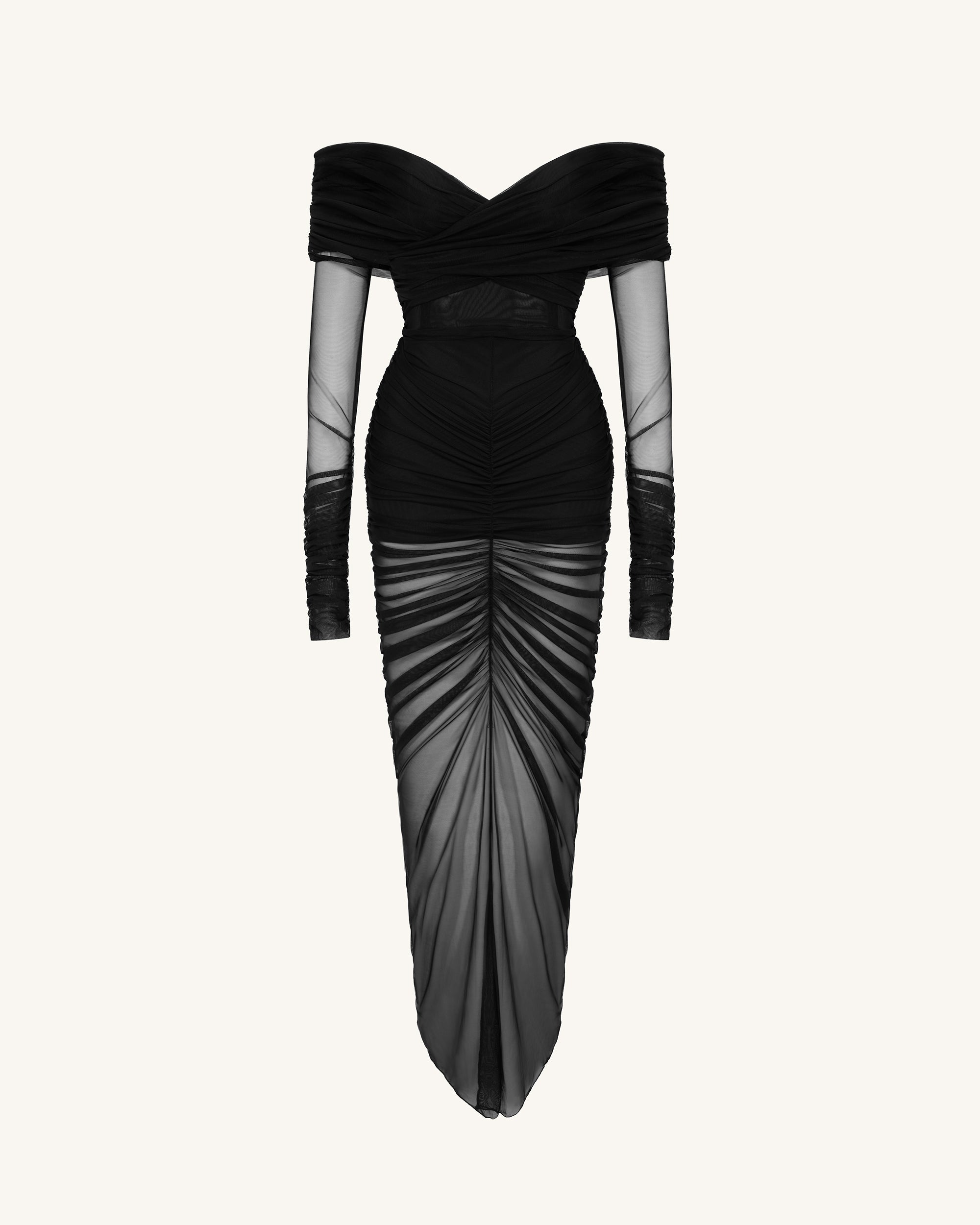 Emily Elegant Off-Shoulder Ruched Gown - Black Emily Elegant Off-Shoulder Ruched Gown - Black