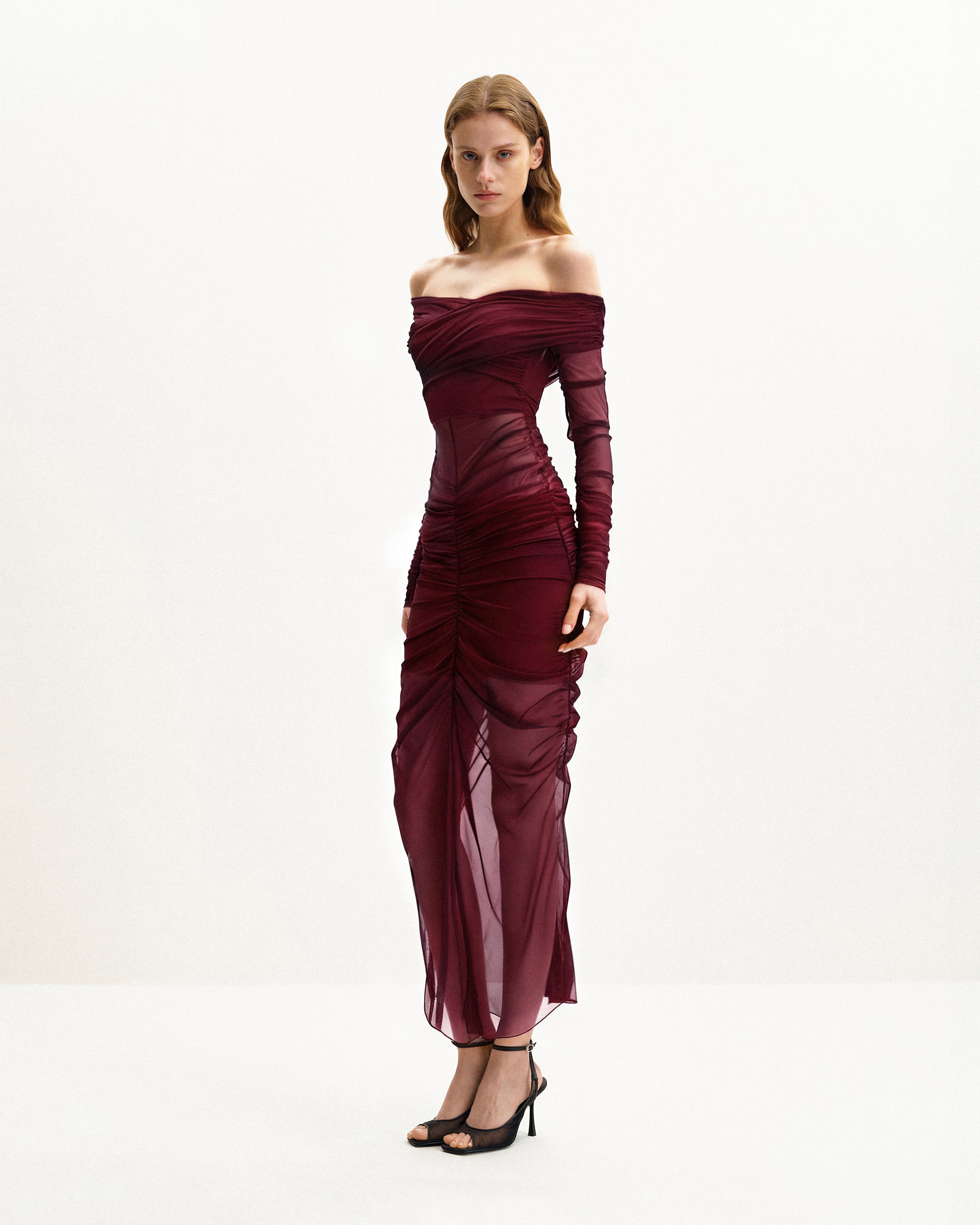 Emily Elegant Off-Shoulder Ruched Gown - Red | JW PEI Emily Elegant Off-Shoulder Ruched Gown - Red | JW PEI