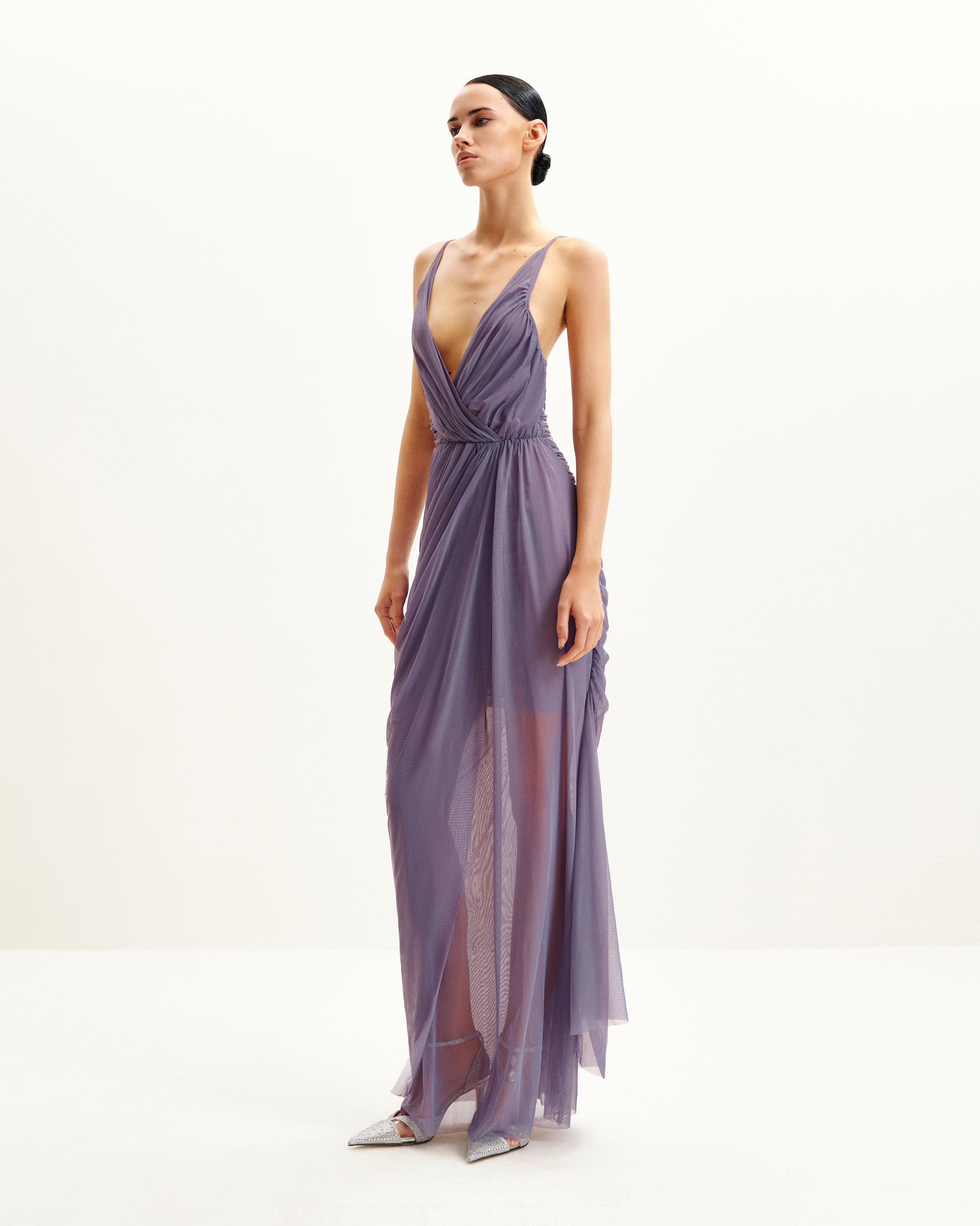 lavender mesh dress Lavender Ruched Mesh Off Shoulder Maxi Dress PinkBlush