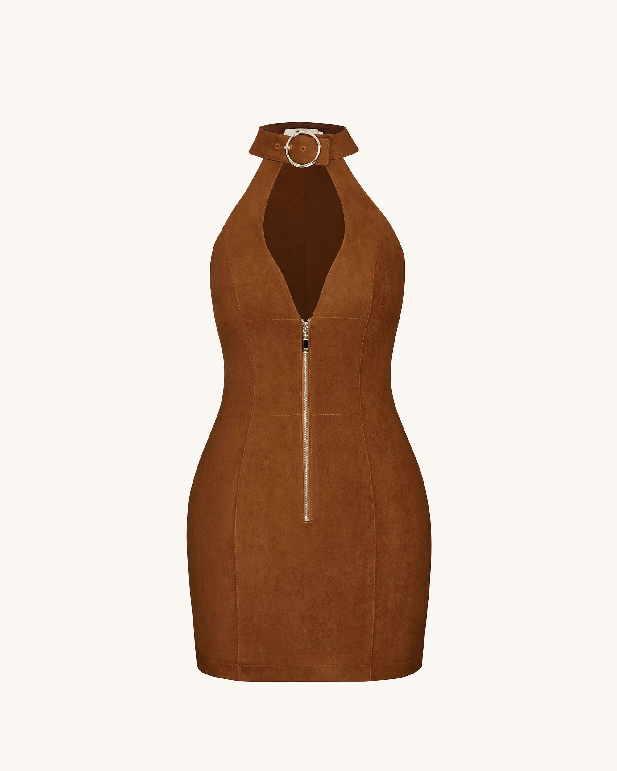 brown halter neck dress Ruby Halter Neck Zipper Mini Dress - Brown 2