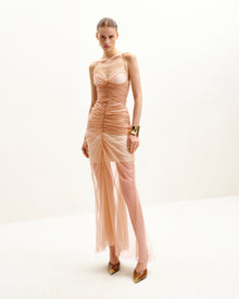 Piper Draped Mesh Evening Gown - Cinnamon
