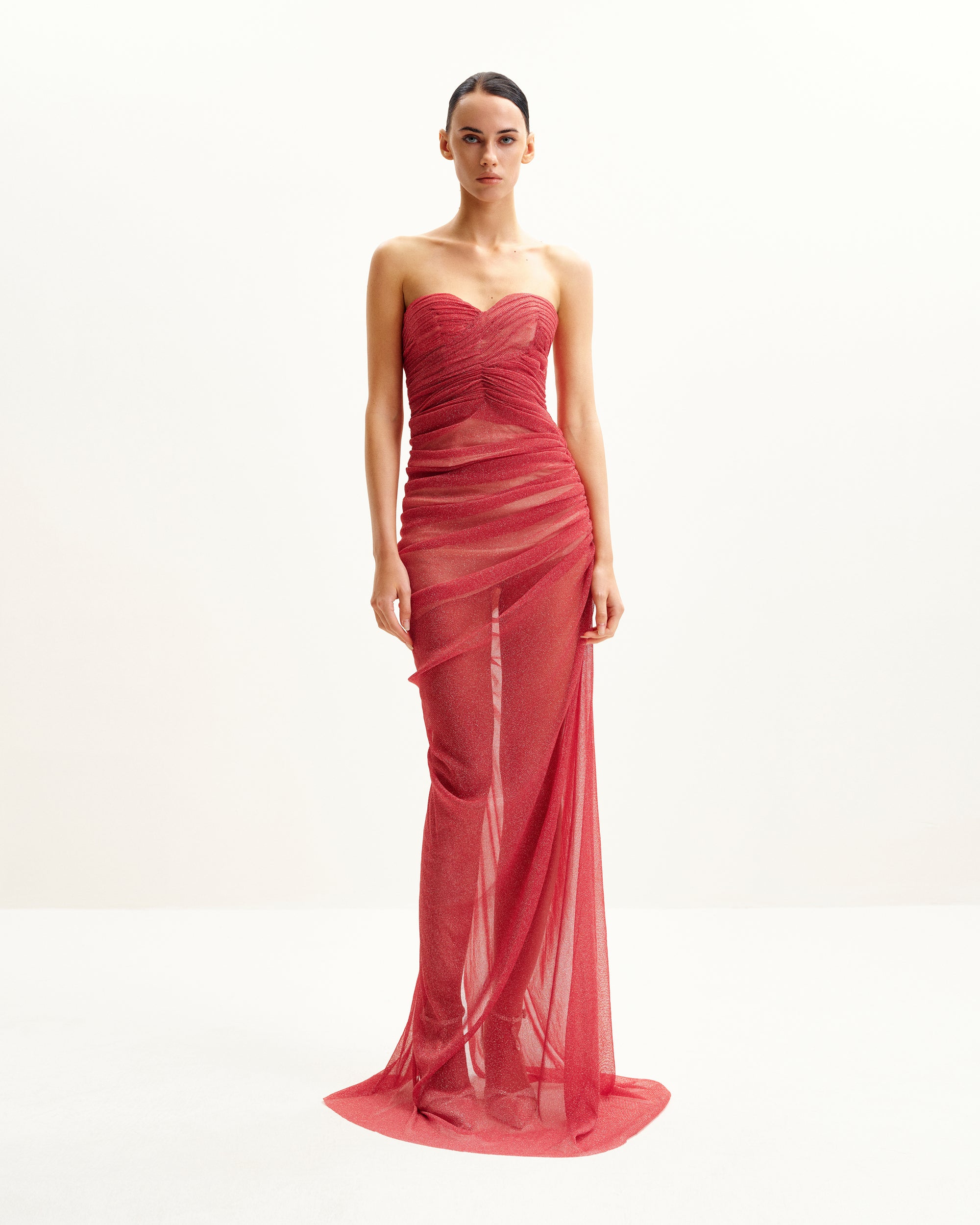 Mia Strapless Sheer Glitter Gown - Scarlet | JW PEI Mia Strapless Sheer Glitter Gown - Scarlet | JW PEI