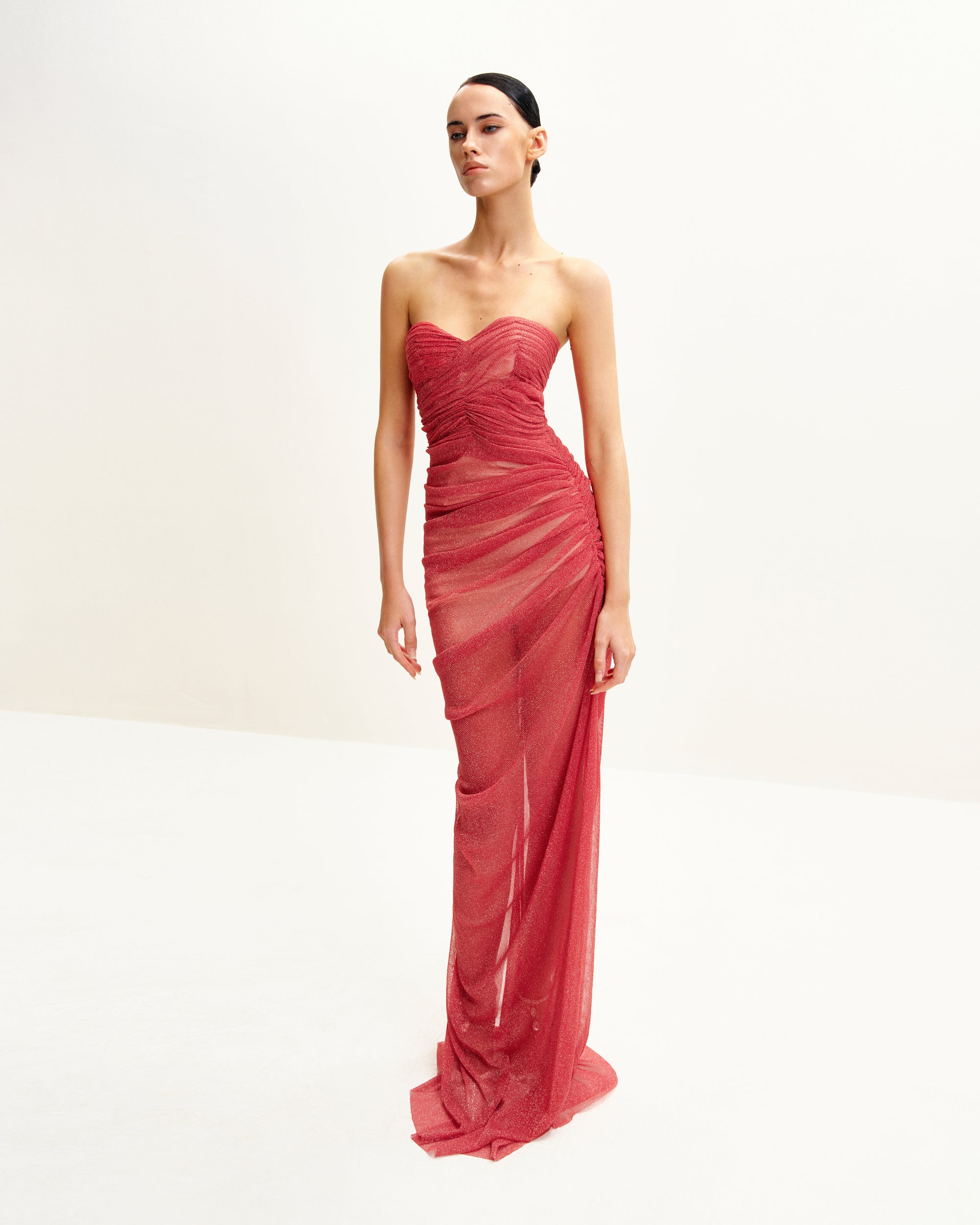 Mia Strapless Sheer Glitter Gown - Scarlet 2 | US Mia Strapless Sheer Glitter Gown - Scarlet 2 | US