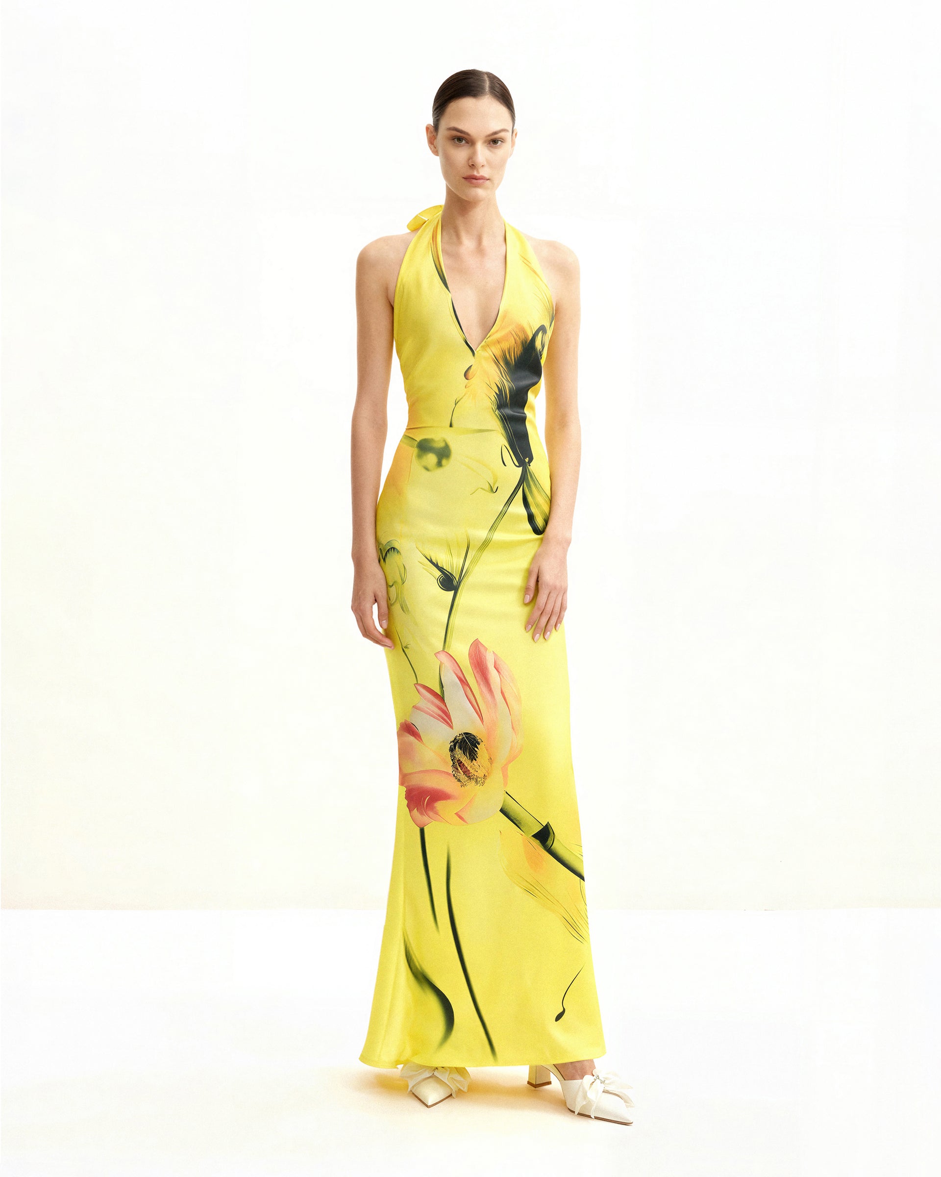 Floral Satin Halter Dress - Yellow/Pink Floral Satin Halter Dress - Yellow/Pink