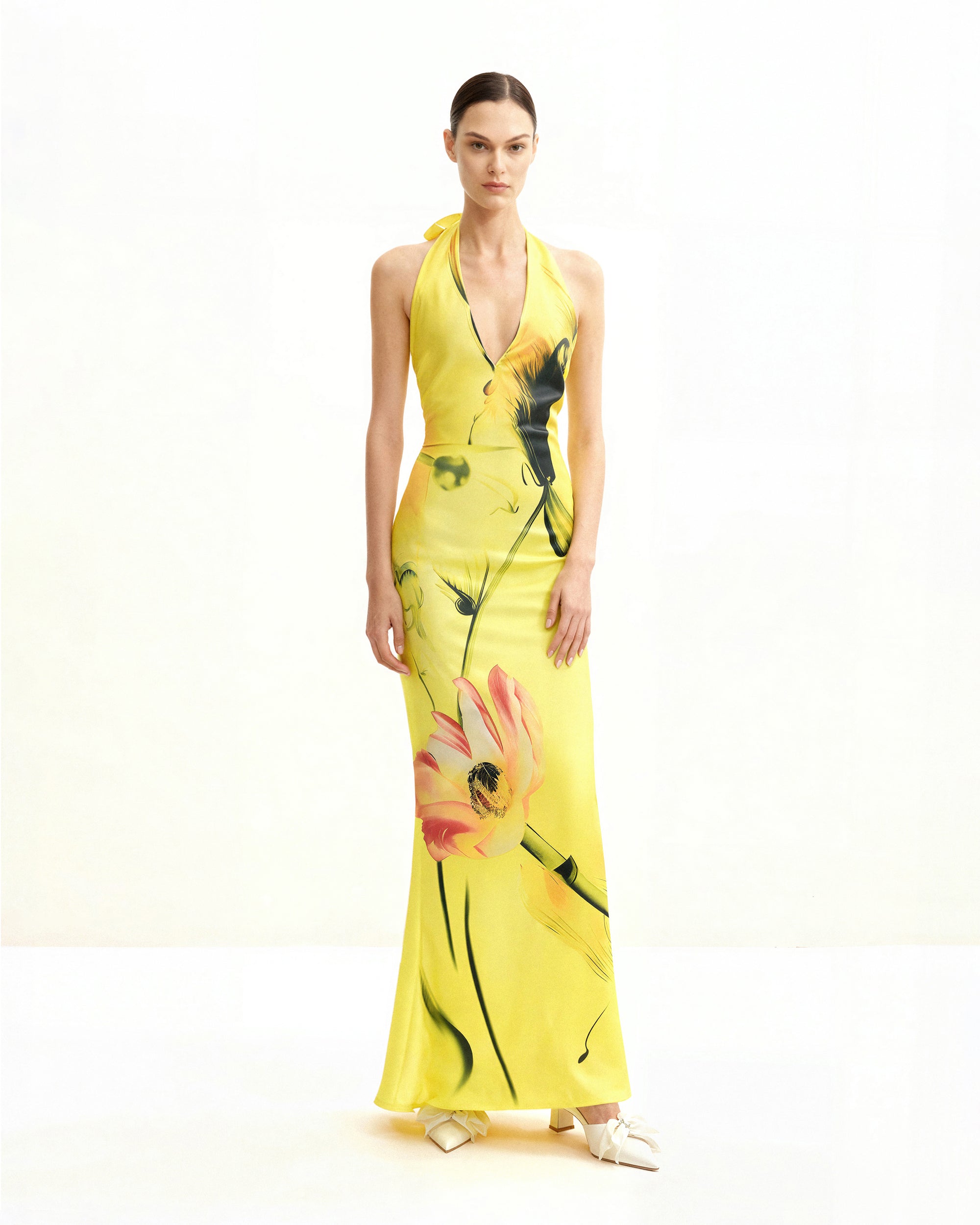 Floral Satin Halter Dress - Yellow/Pink | JW PEI Floral Satin Halter Dress - Yellow/Pink | JW PEI