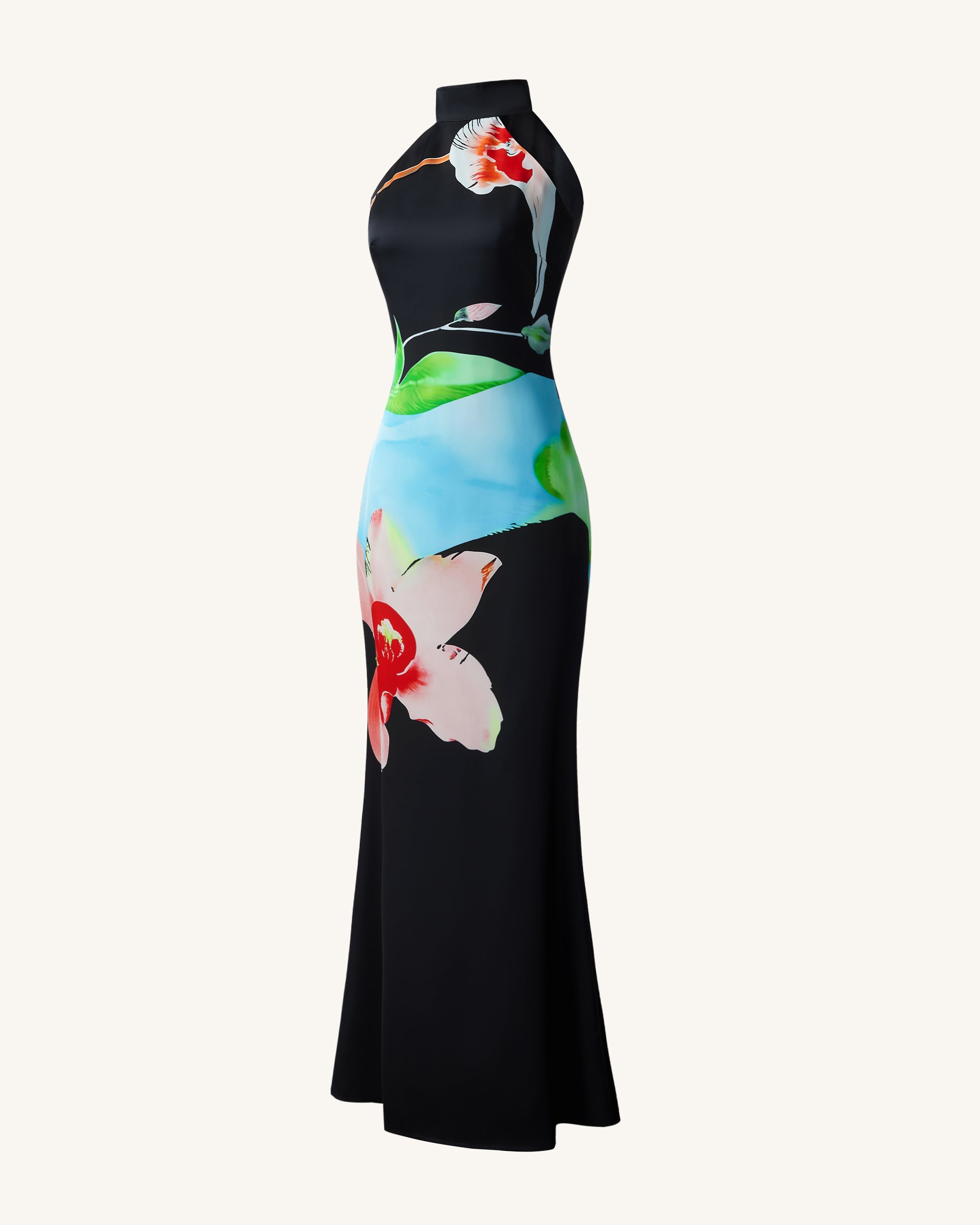 Floral Satin Halter Dress - Multicolor Black