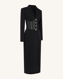 Sheer Boned Corset Waist Blazer Maxi Dress - Black