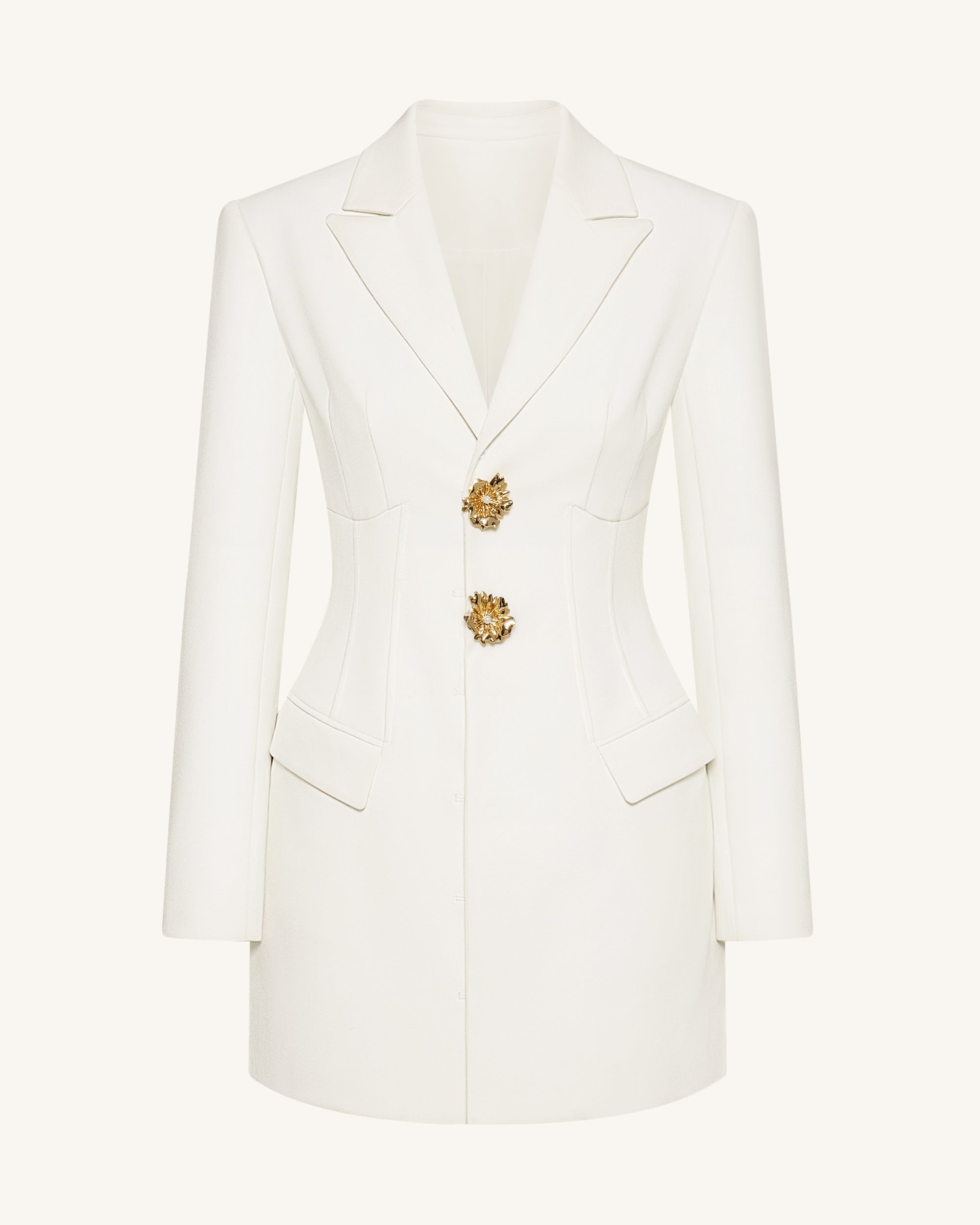 Gold Button Fitted Blazer Dress – White