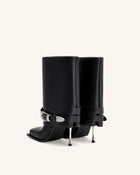 Emilia Western Buckled Leather Stiletto Boots - Black