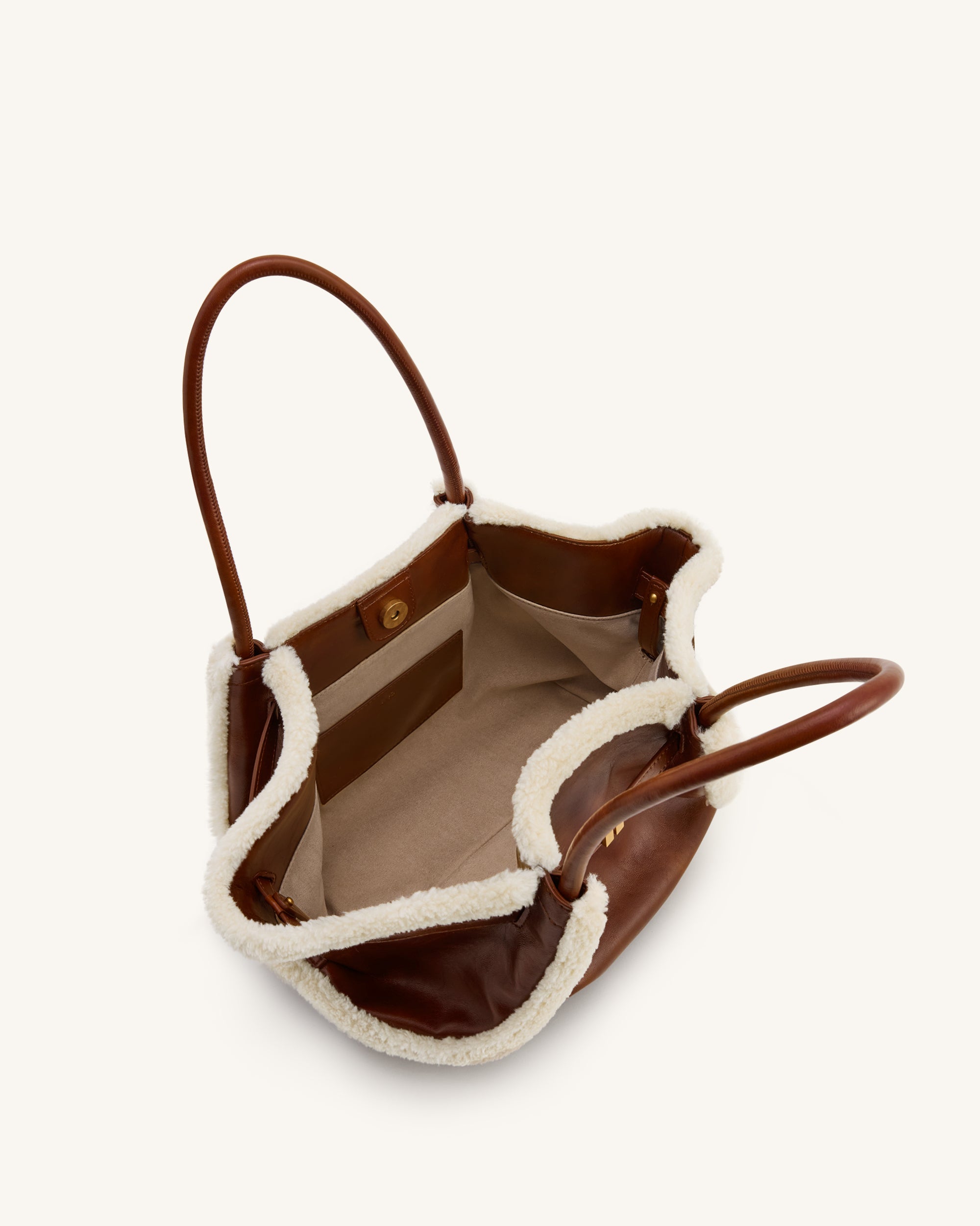 Hana Medium Faux Shearling Trim Tote Bag - Brown | JW PEI