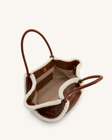 Hana Medium Faux Shearling Trim Tote Bag - Brown
