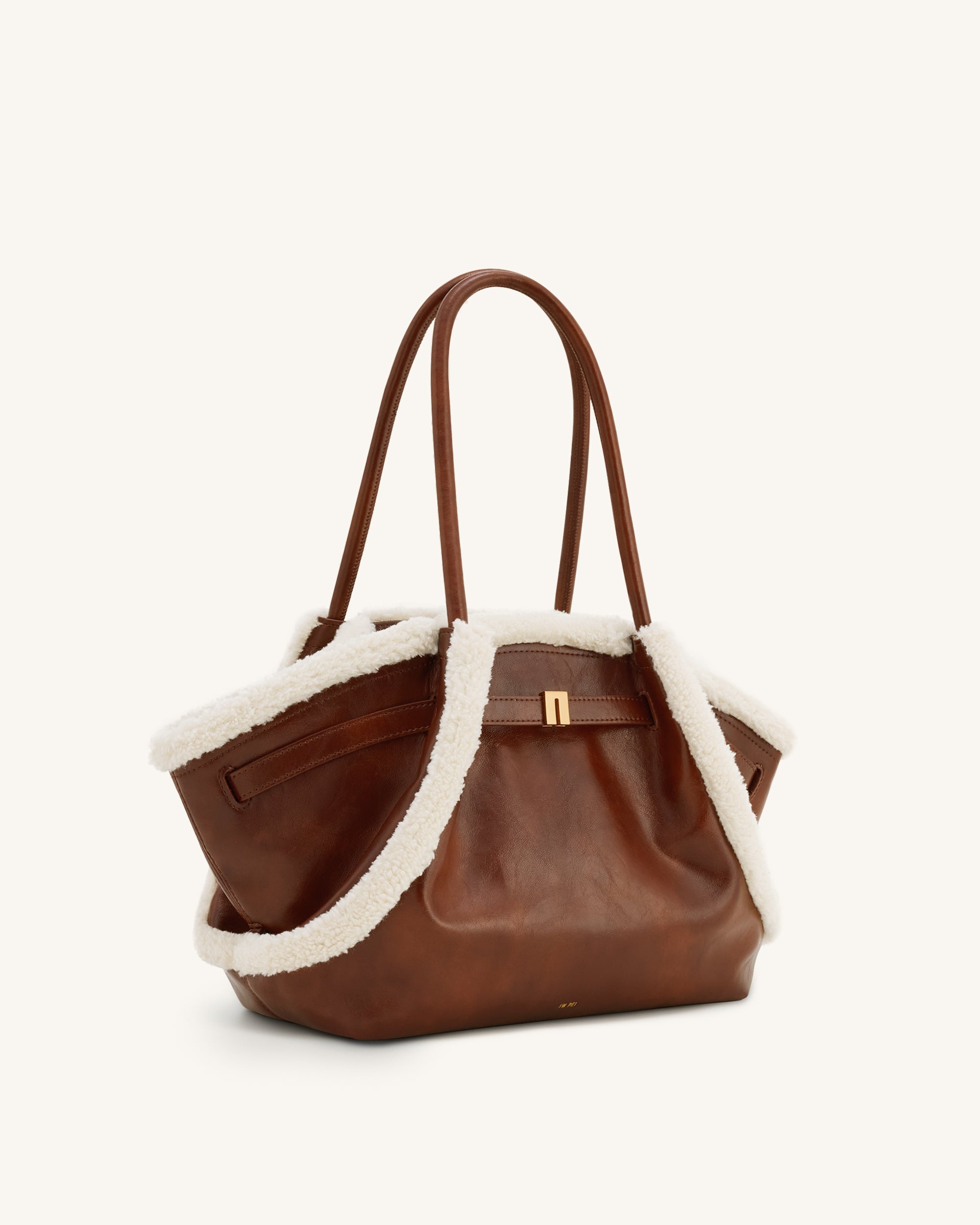 Hana Medium Faux Shearling Trim Tote Bag - Brown