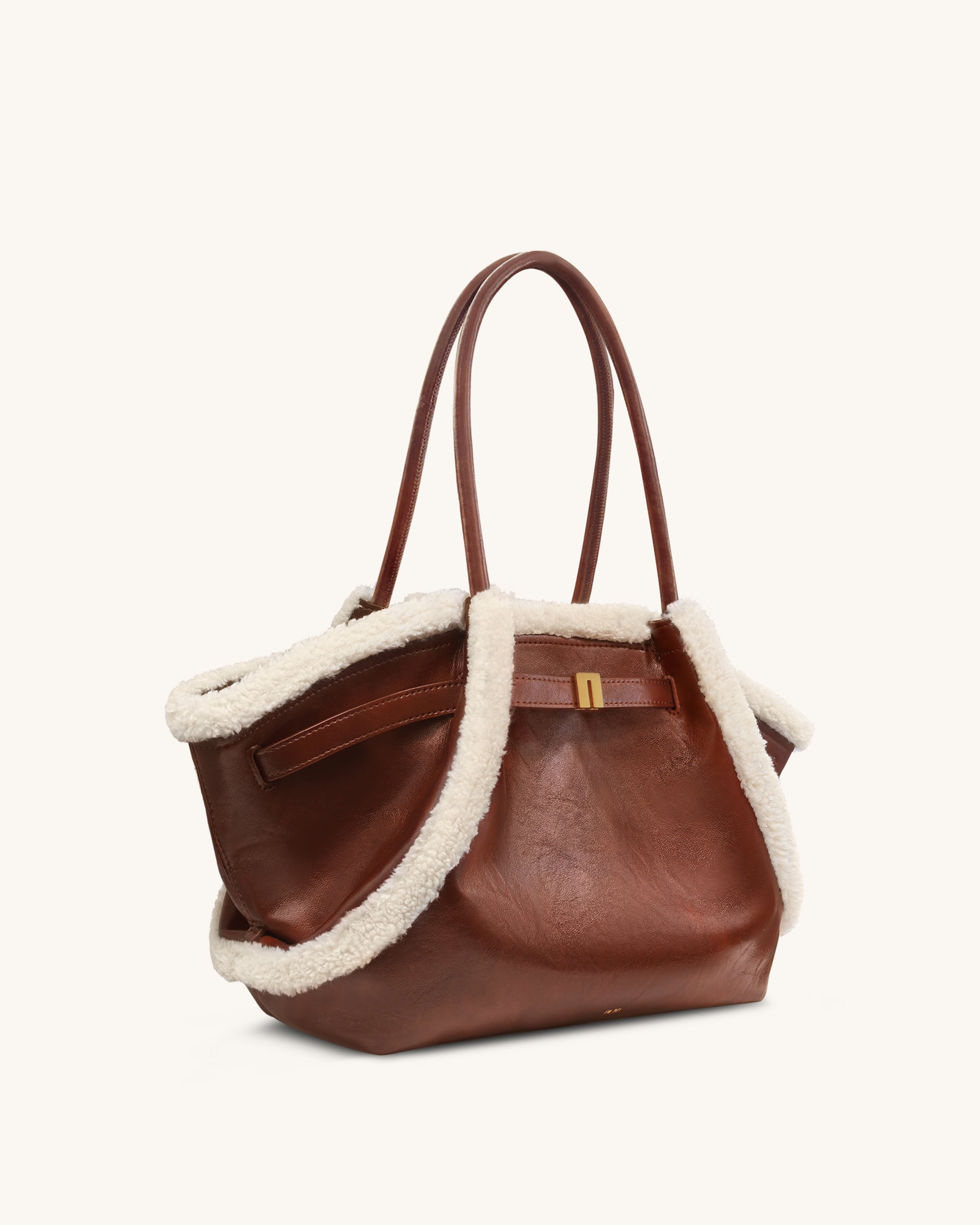 Hana Medium Faux Shearling Trim Tote Bag - Brown | JW PEI