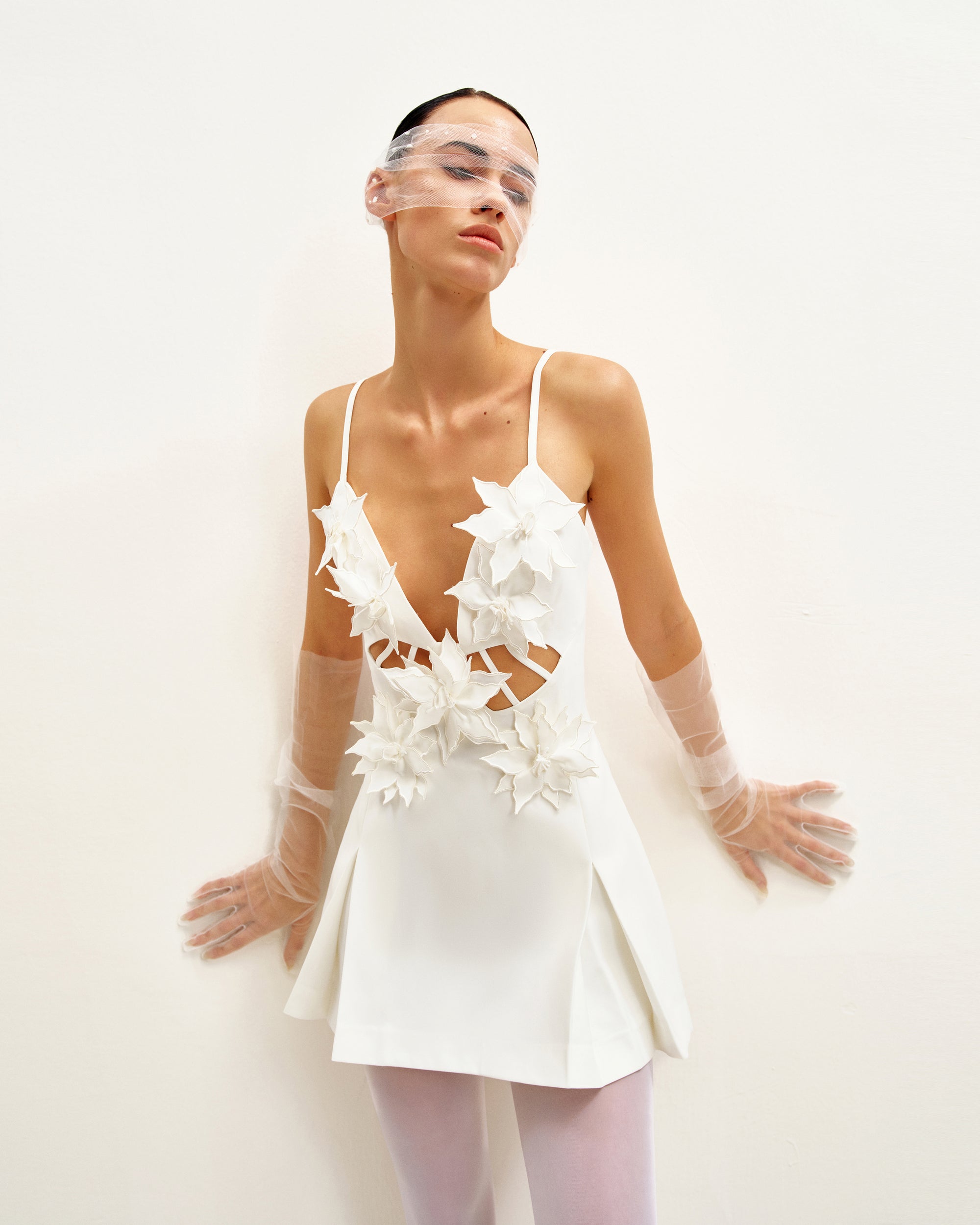 Yuliya White Floral Embellishment V-neckline Mini Dress - White | JW PEI Yuliya White Floral Embellishment V-neckline Mini Dress - White | JW PEI