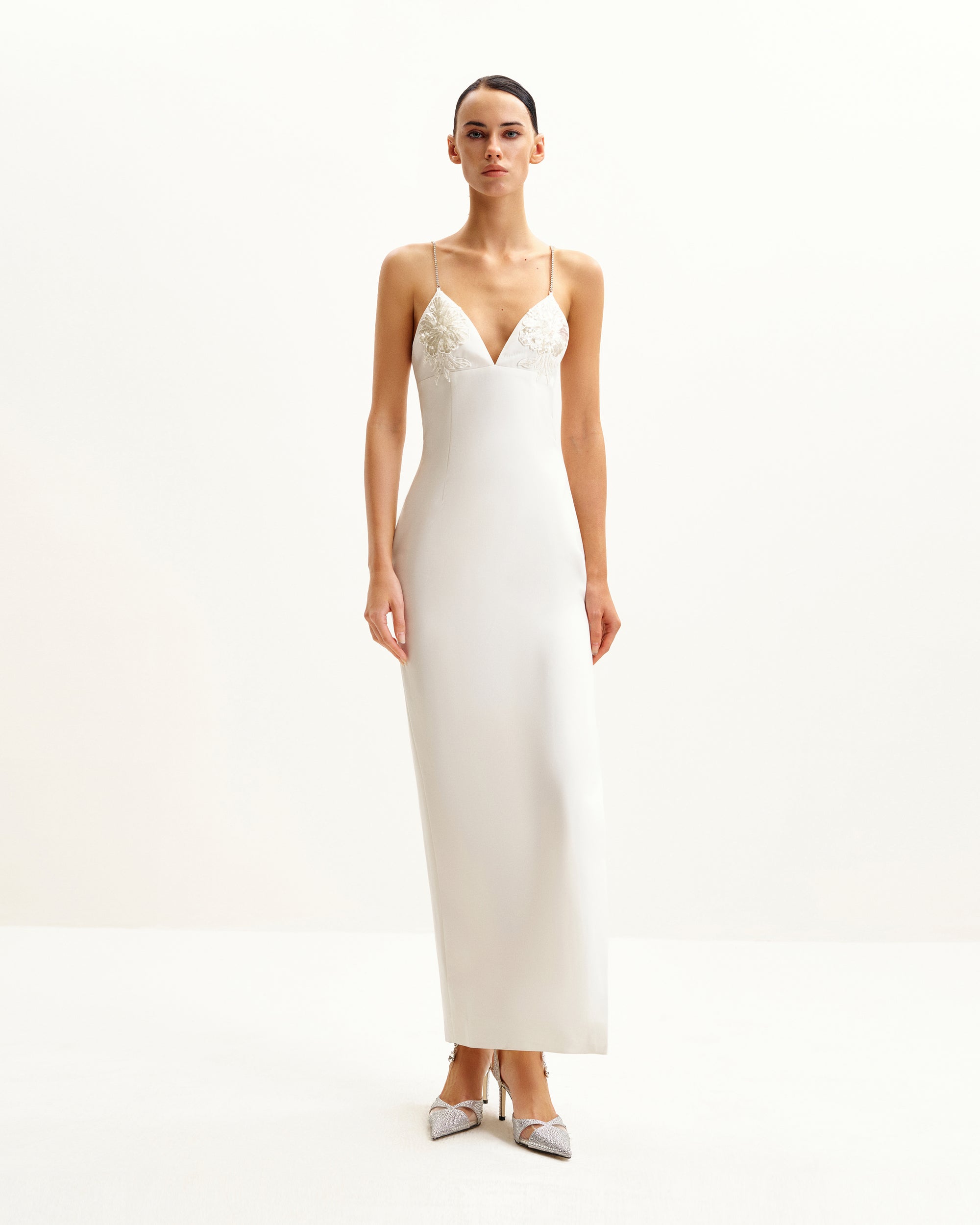 Ayliua Sweetheart-Neckline Rhinestones Embellished White Long Dress - White