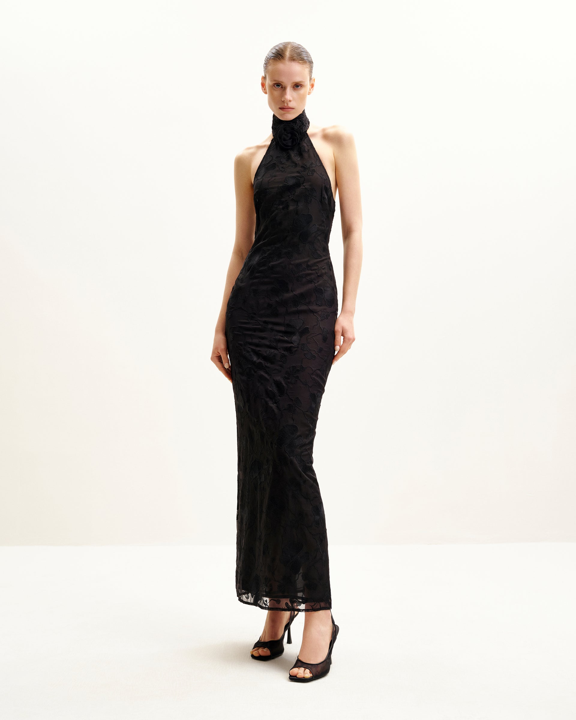 black floral flocked sheer ruched halter strap maxi dress Black Floral Flocked Sheer Ruched Halter Strap Maxi Dress