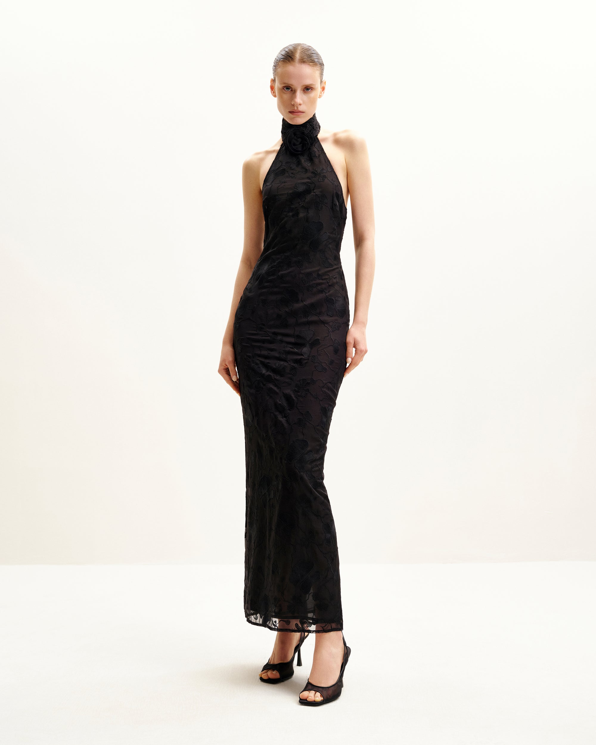 Uliana Black Floral Lace Halterneck Maxi Dress - Black