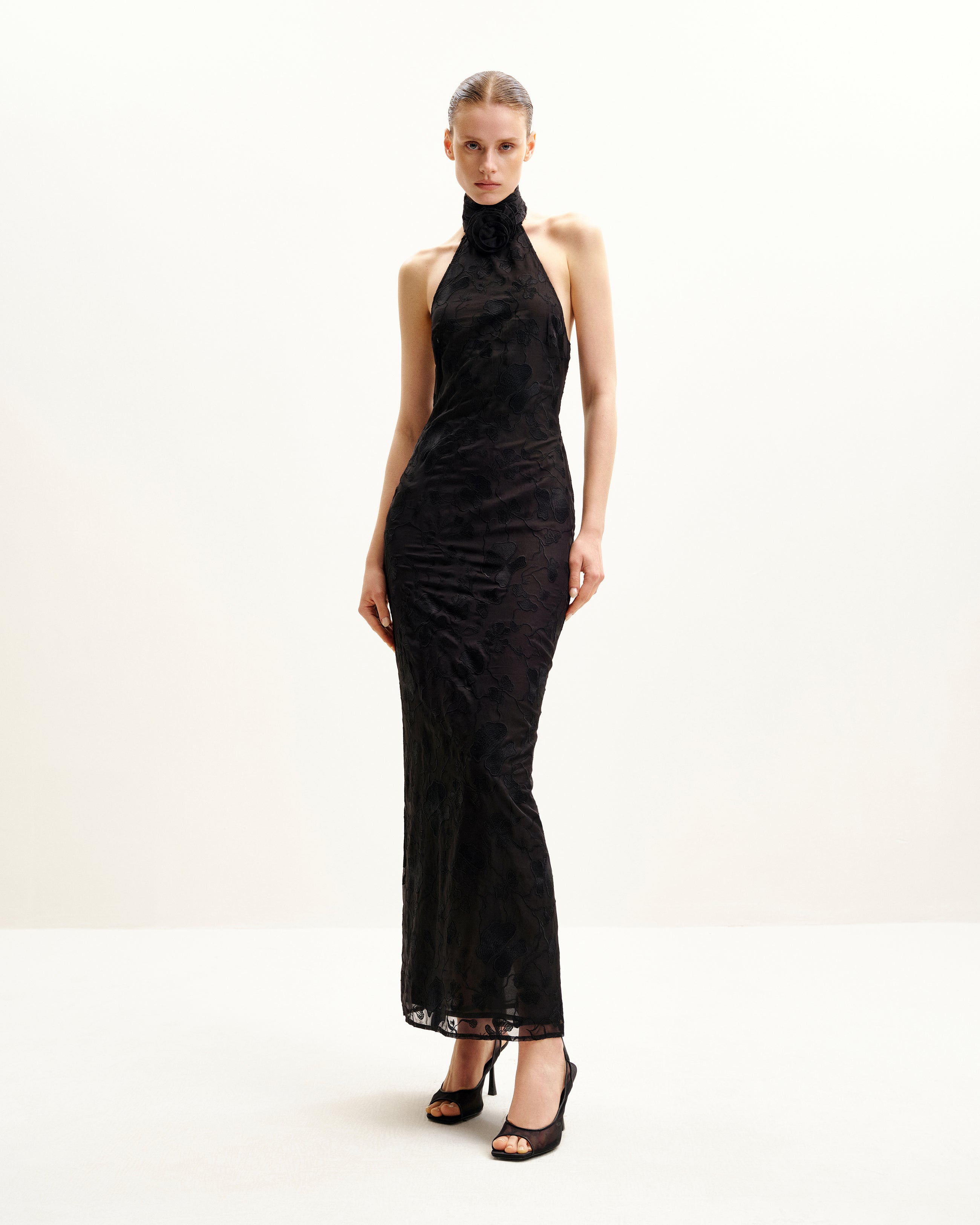 Uliana Black Floral Lace Halterneck Maxi Dress - Black