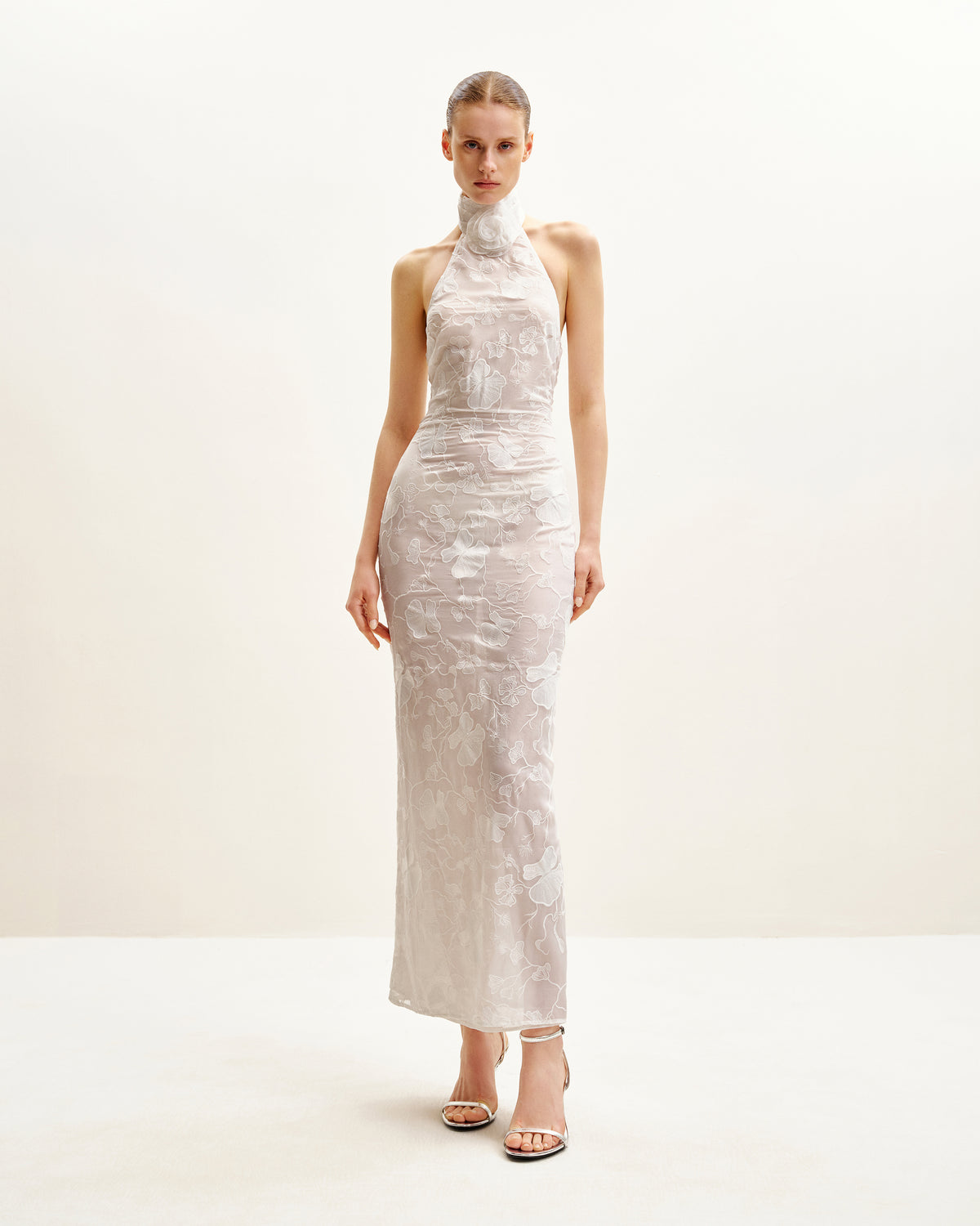 JW PEI: White Floral Lace Halterneck Maxi Dress