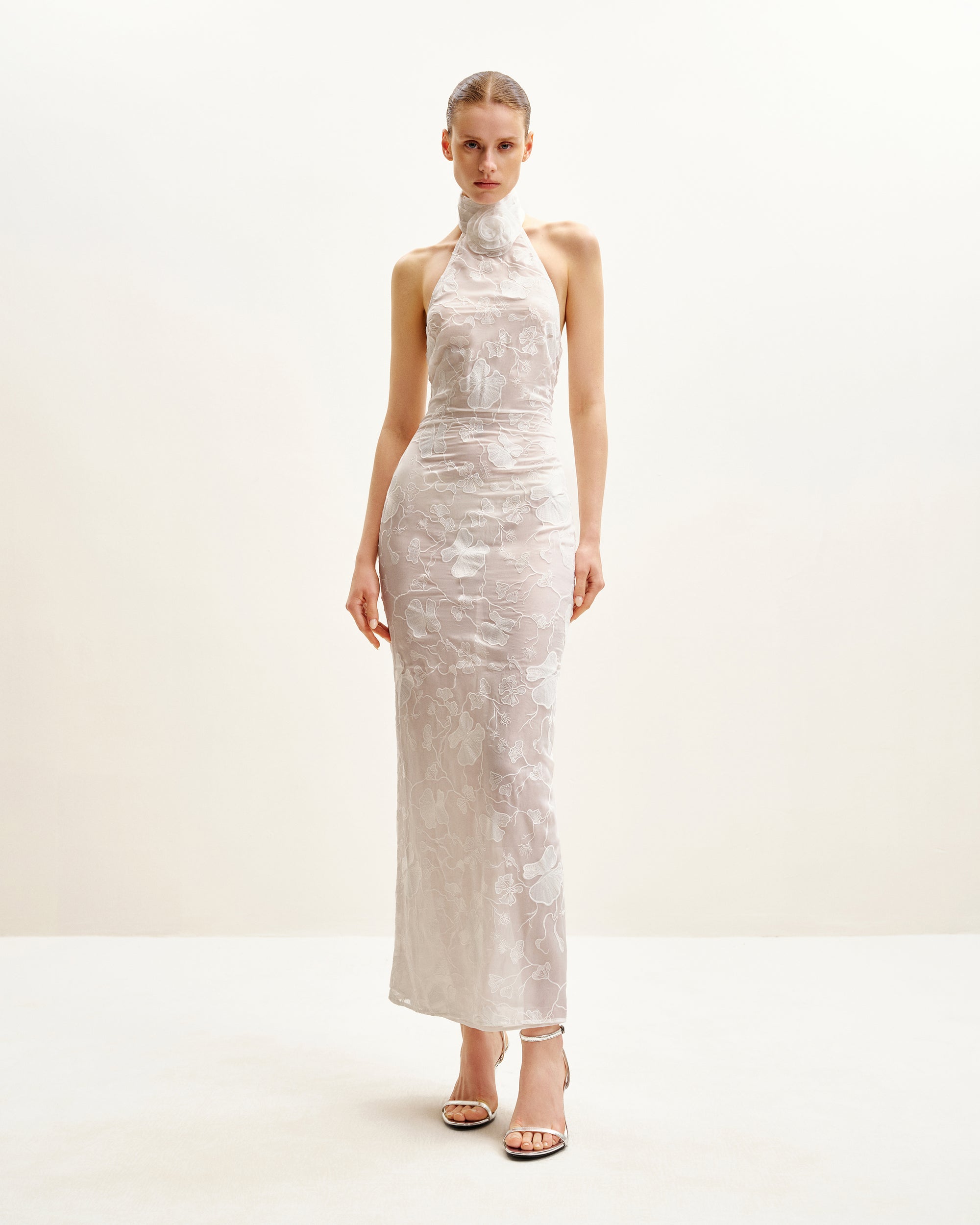 Uliana White Floral Lace Halterneck Maxi Dress - White