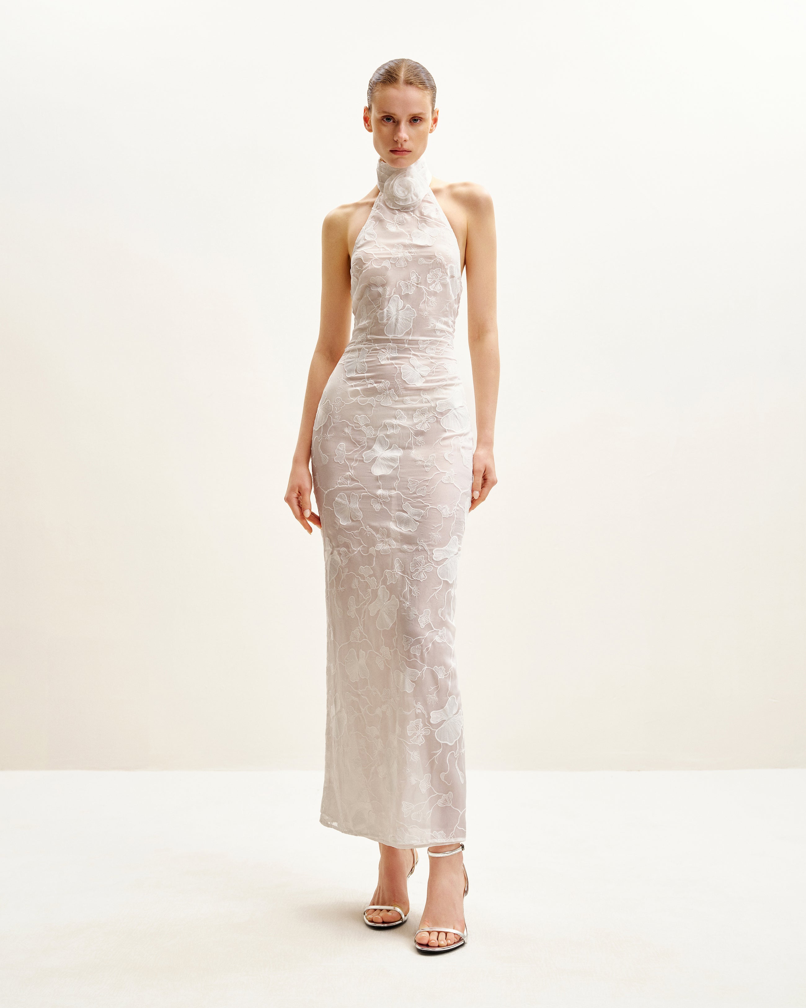 Uliana White Floral Lace Halterneck Maxi Dress - White
