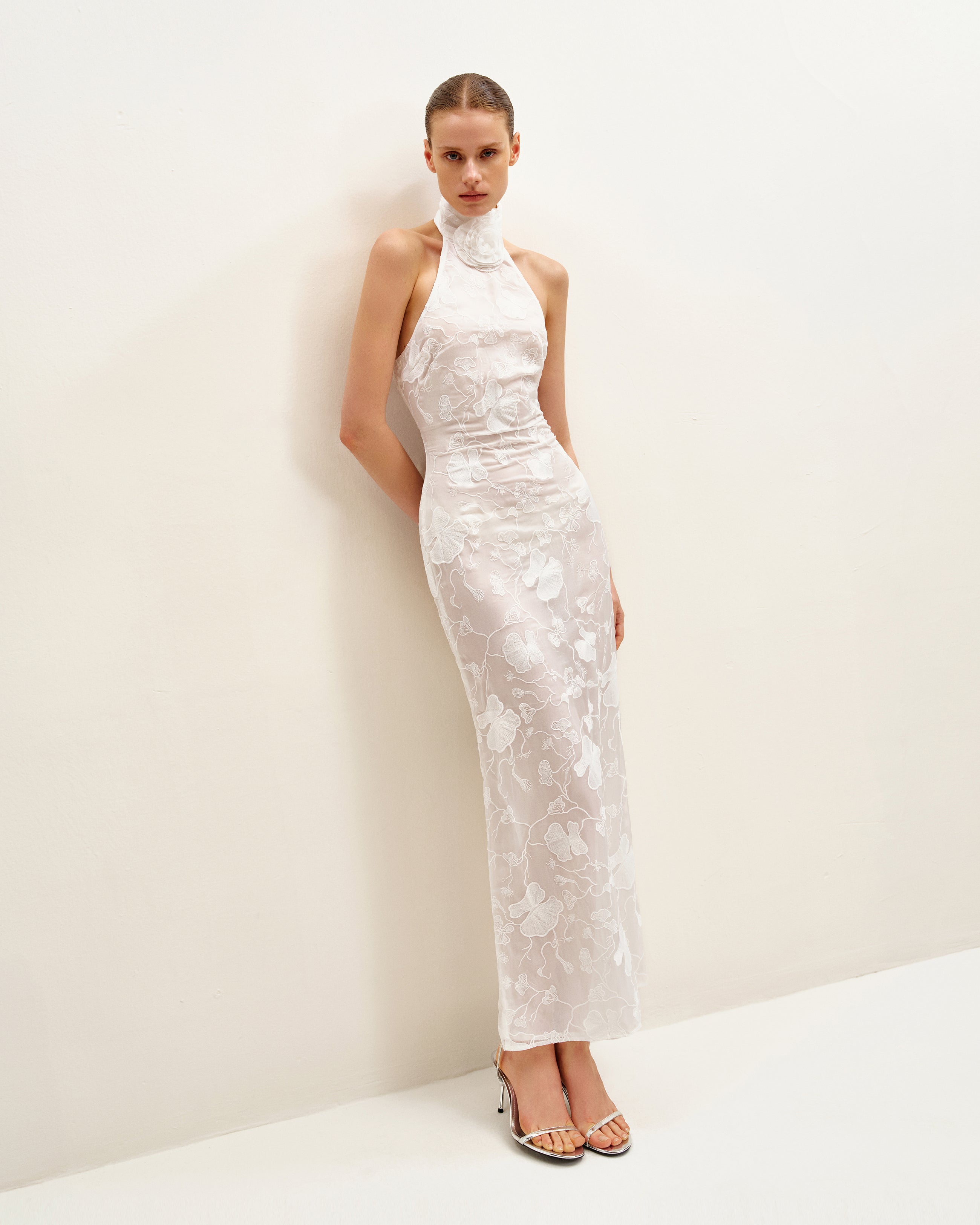 Uliana White Floral Lace Halterneck Maxi Dress - White Uliana White Floral Lace Halterneck Maxi Dress - White