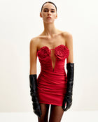 Bailee Red Floral Applique And Ruched Tube Mini Dress - Red