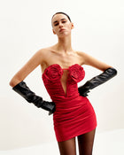 Bailee Red Floral Applique And Ruched Tube Mini Dress - Red