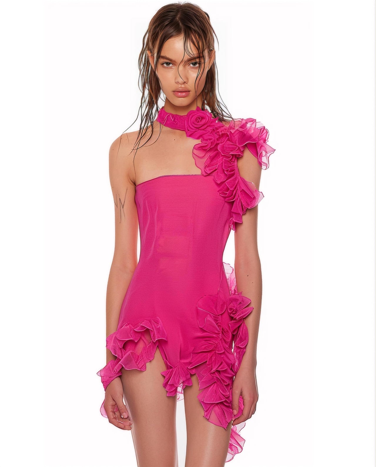 Bryna Pink Ruffled Mini Dress-Pink