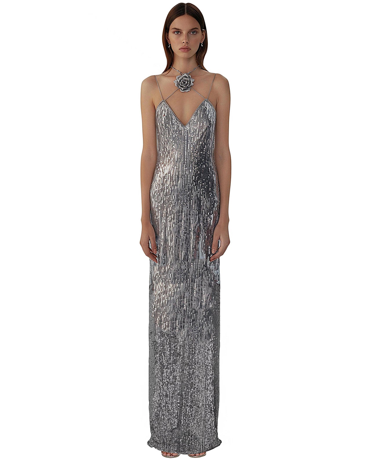 Heisey Silver Sequinned Rosette Maxi Dress-Silver