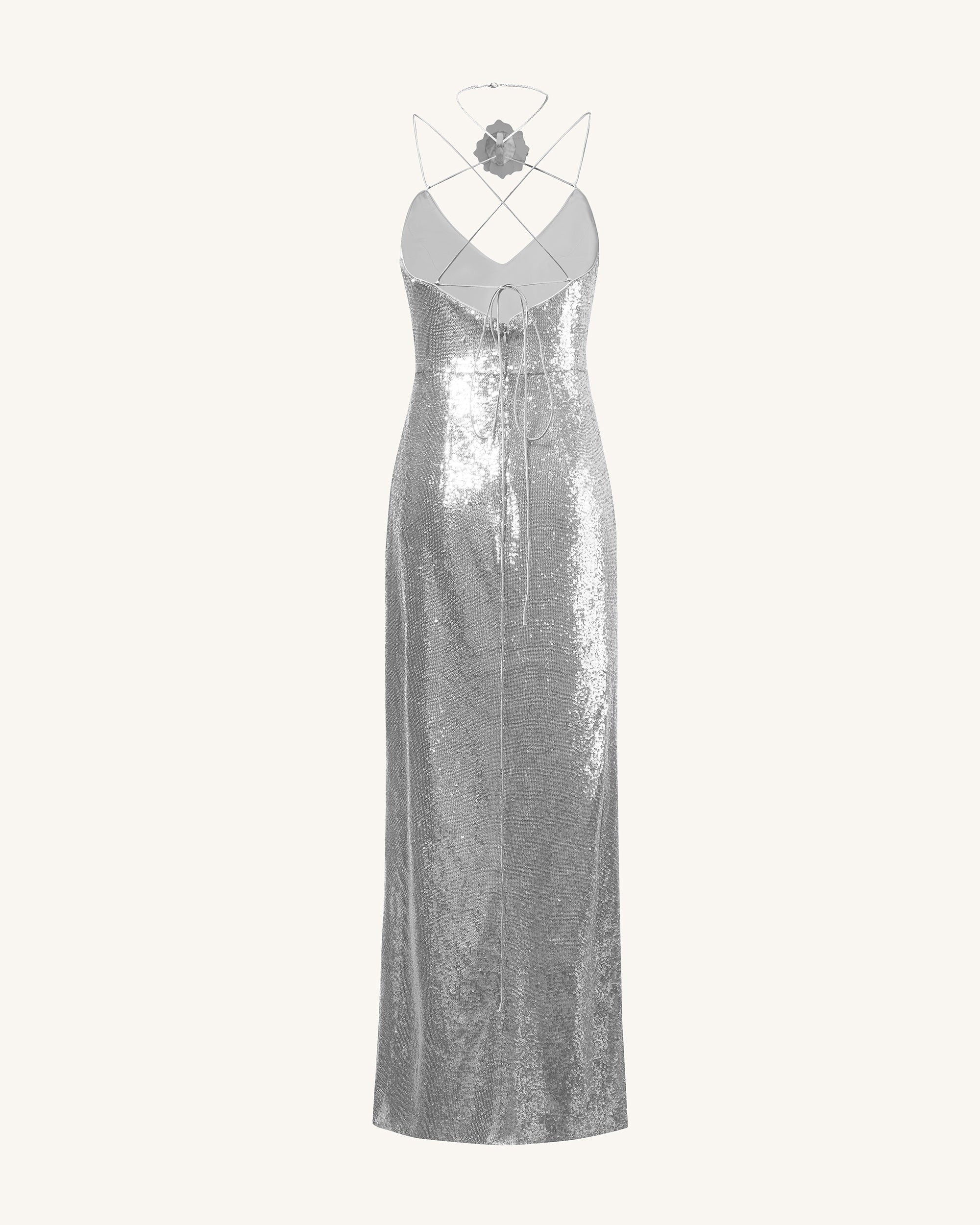 Heisey Silver Sequinned Rosette Maxi Dress-Silver 10 | UK Heisey Silver Sequinned Rosette Maxi Dress-Silver 10 | UK