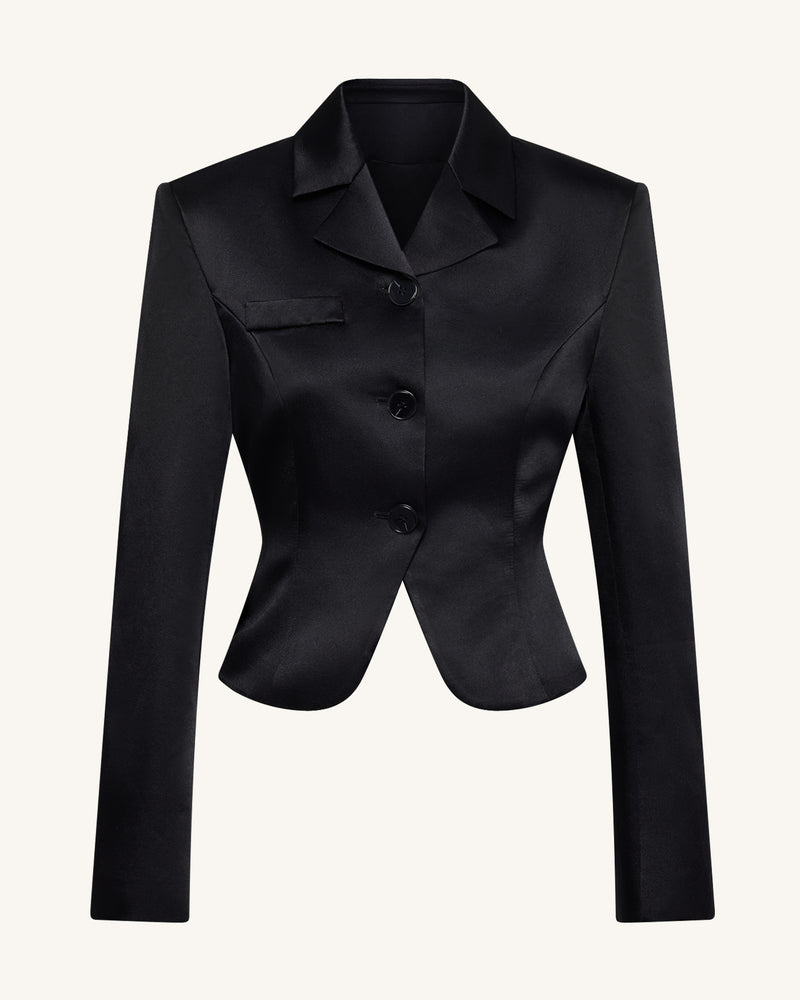 Satin Sculpted Waist Cropped Blazer - Black
